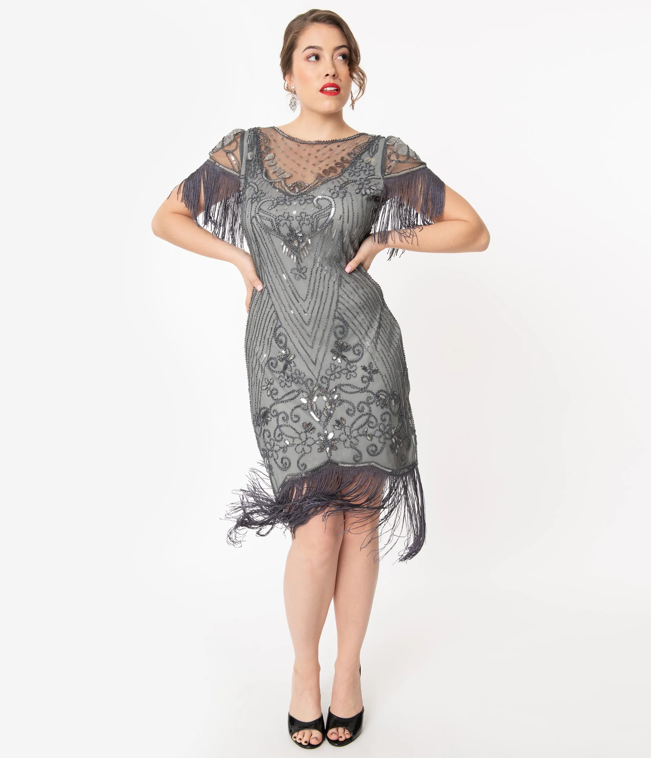 Unique Vintage 1920s Grey Beaded Nadine Flapper Dress