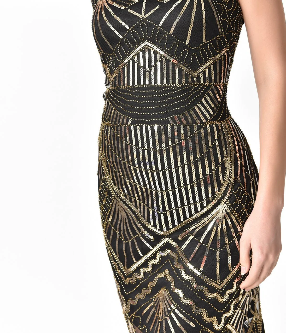 Unique Vintage Black & Gold Sequin Therese Long Flapper Dress