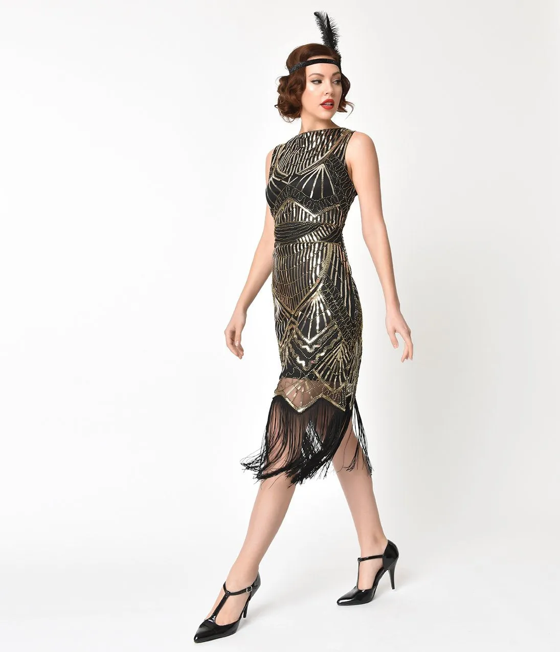 Unique Vintage Black & Gold Sequin Therese Long Flapper Dress