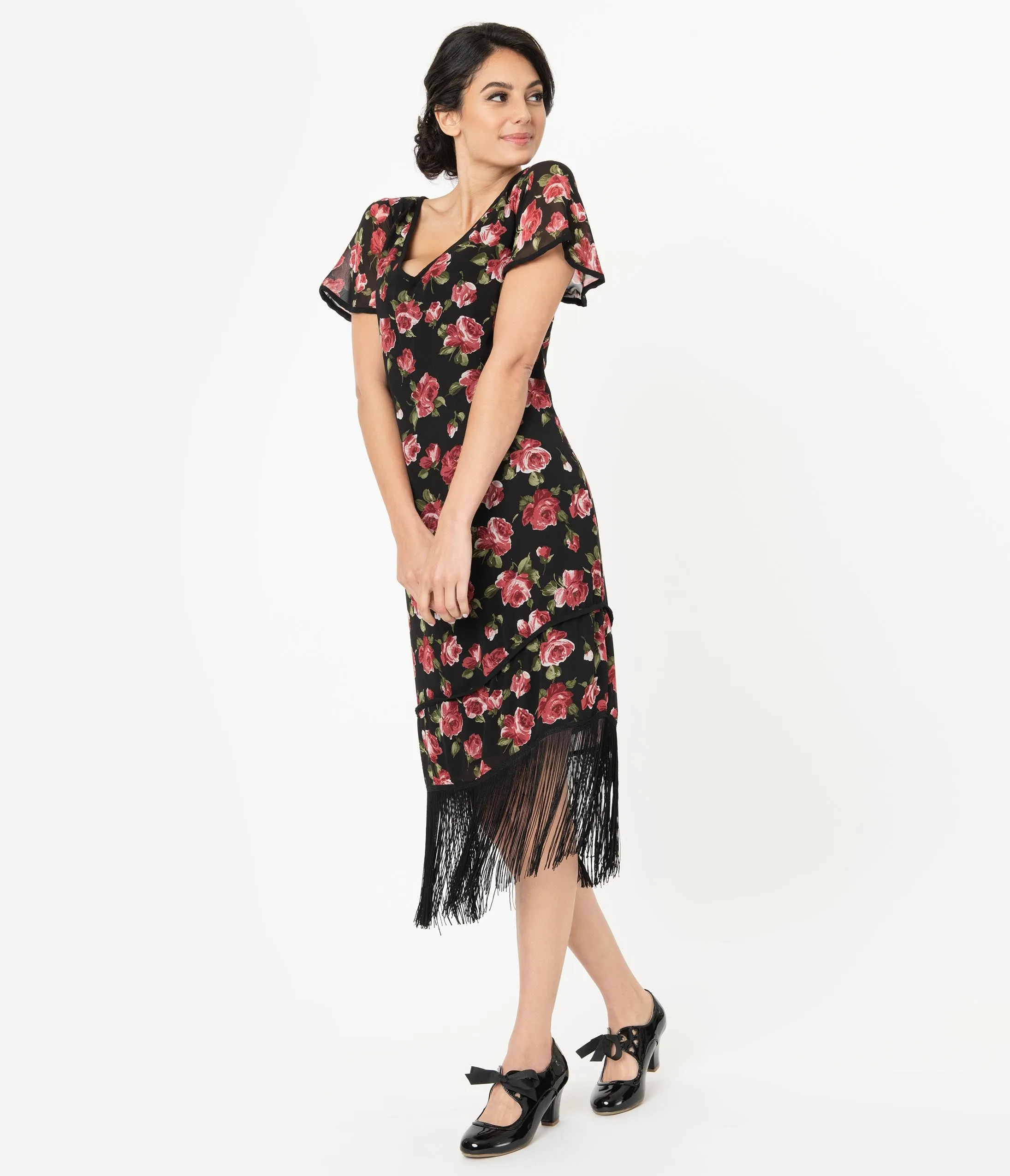 Unique Vintage Black & Pink Floral Joyeux Flapper Day Dress