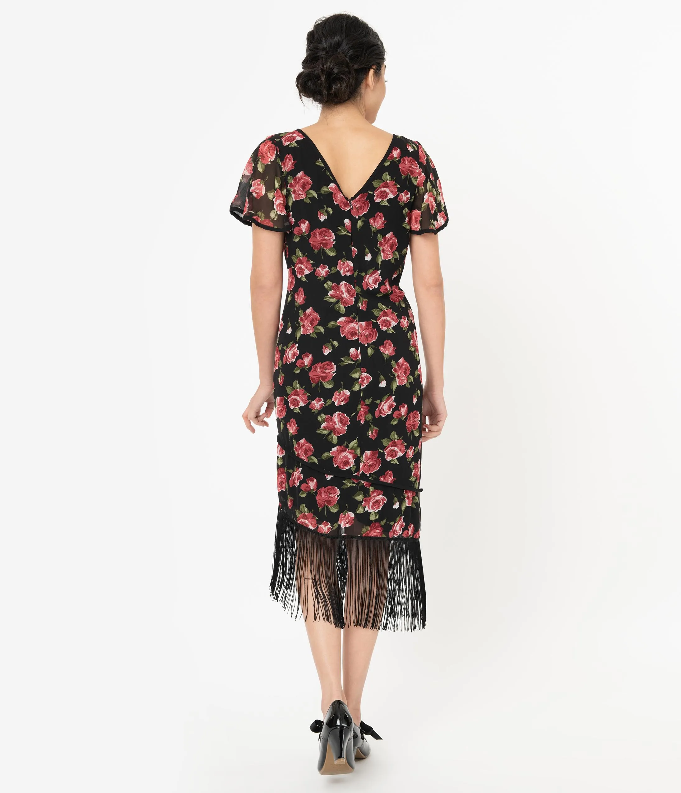 Unique Vintage Black & Pink Floral Joyeux Flapper Day Dress