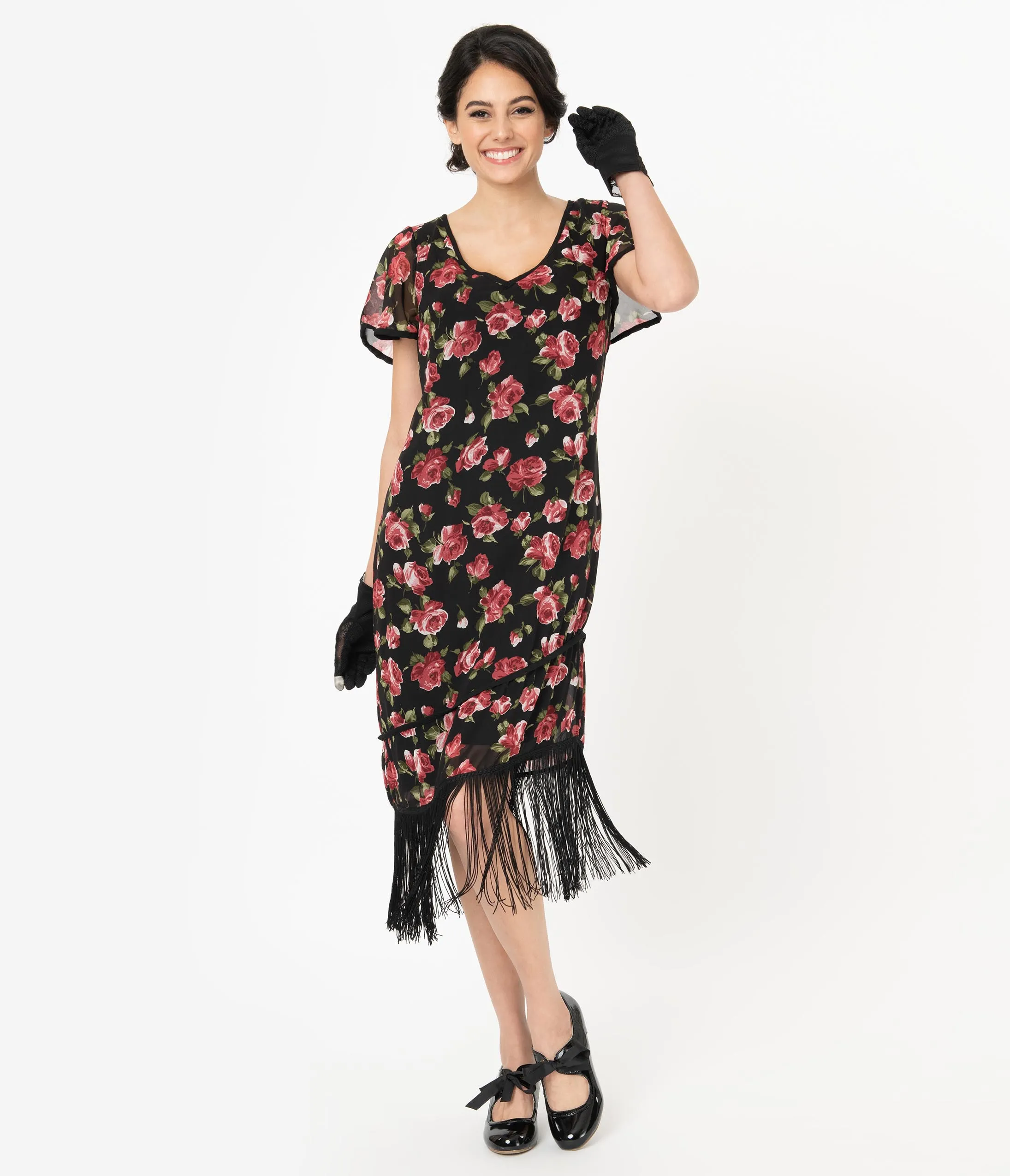 Unique Vintage Black & Pink Floral Joyeux Flapper Day Dress