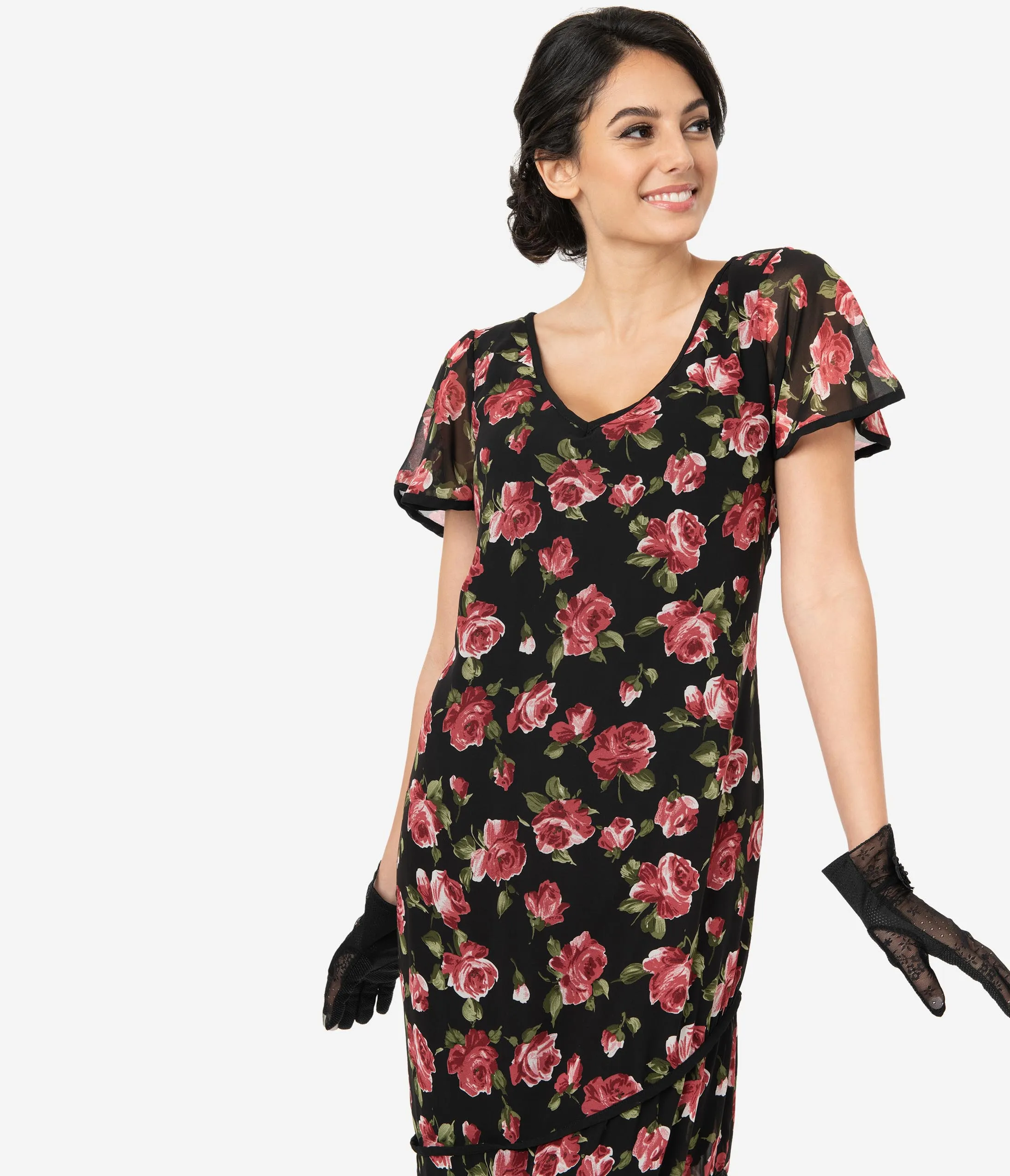 Unique Vintage Black & Pink Floral Joyeux Flapper Day Dress