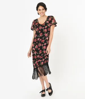 Unique Vintage Black & Pink Floral Joyeux Flapper Day Dress