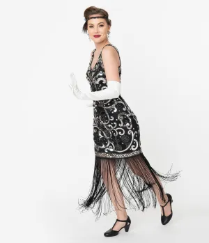 Unique Vintage Black & Silver Sequin St. Michel Fringe Flapper Dress