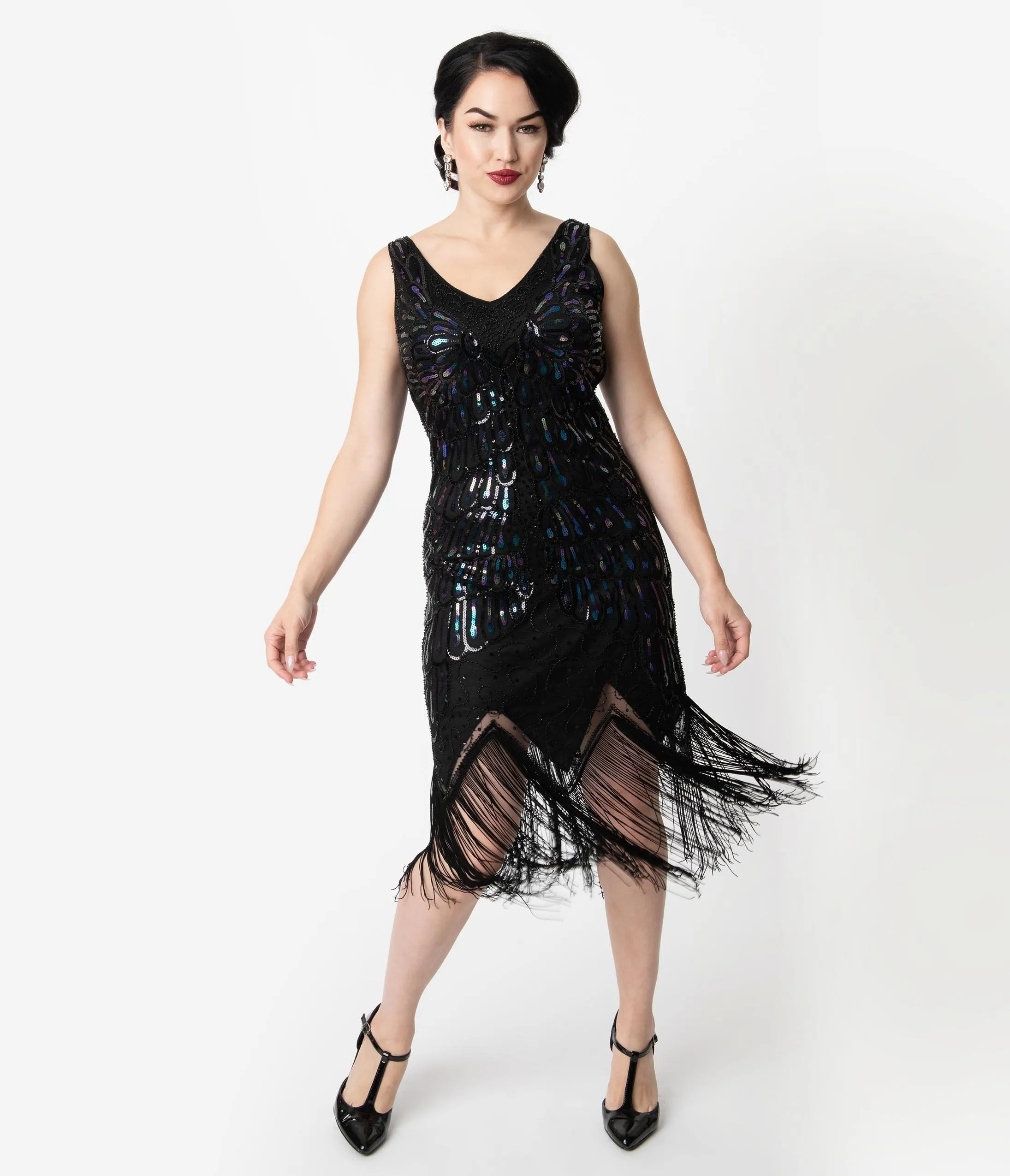 Unique Vintage Black Iridescent Sequin Sleeveless Marion Flapper Dress