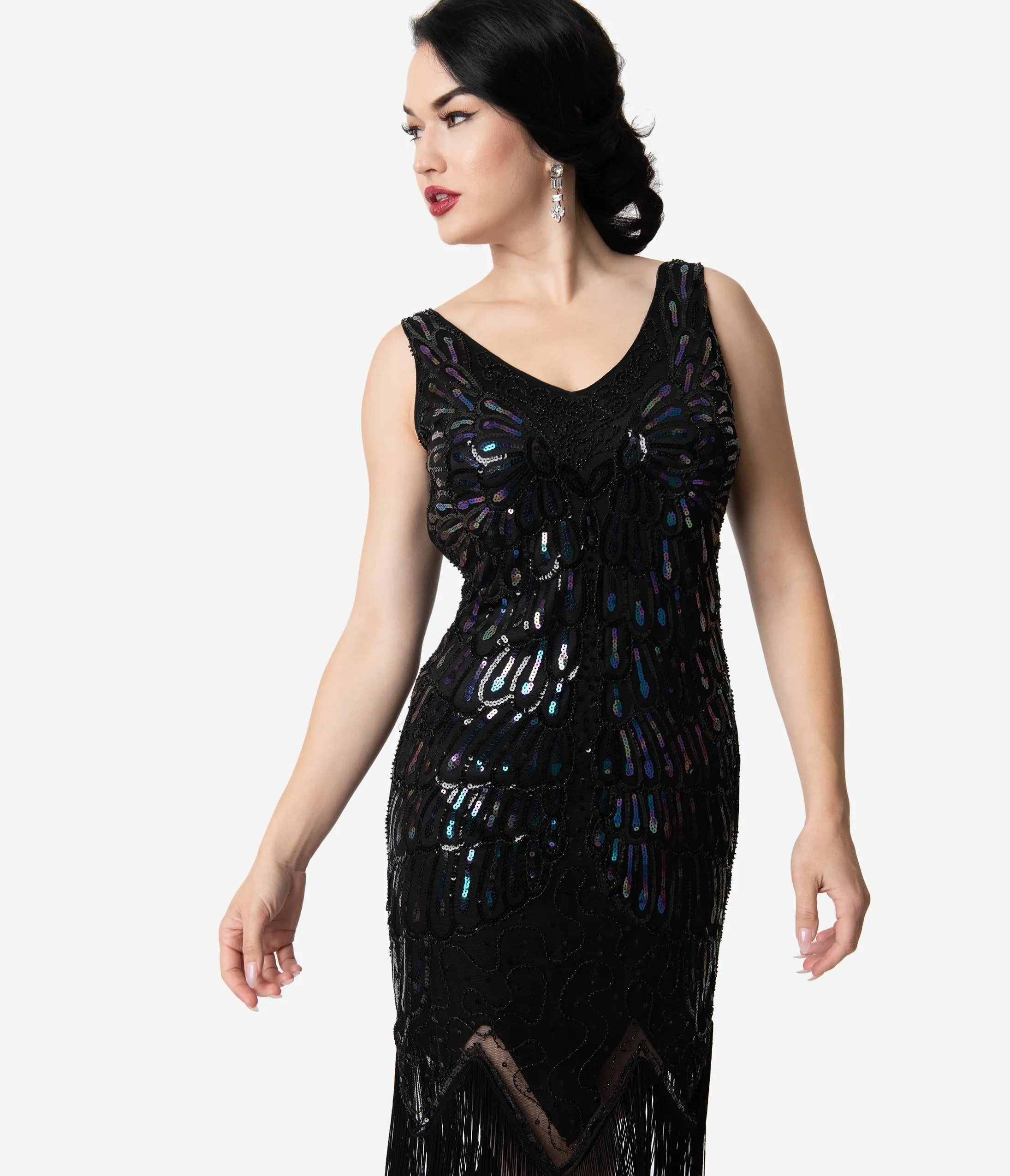 Unique Vintage Black Iridescent Sequin Sleeveless Marion Flapper Dress