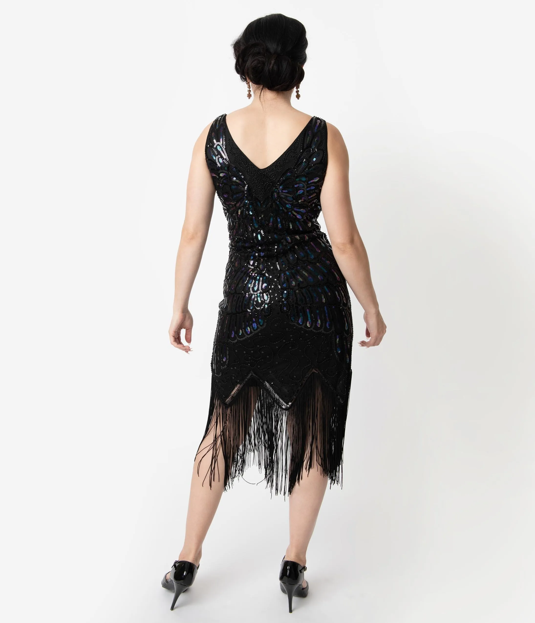 Unique Vintage Black Iridescent Sequin Sleeveless Marion Flapper Dress