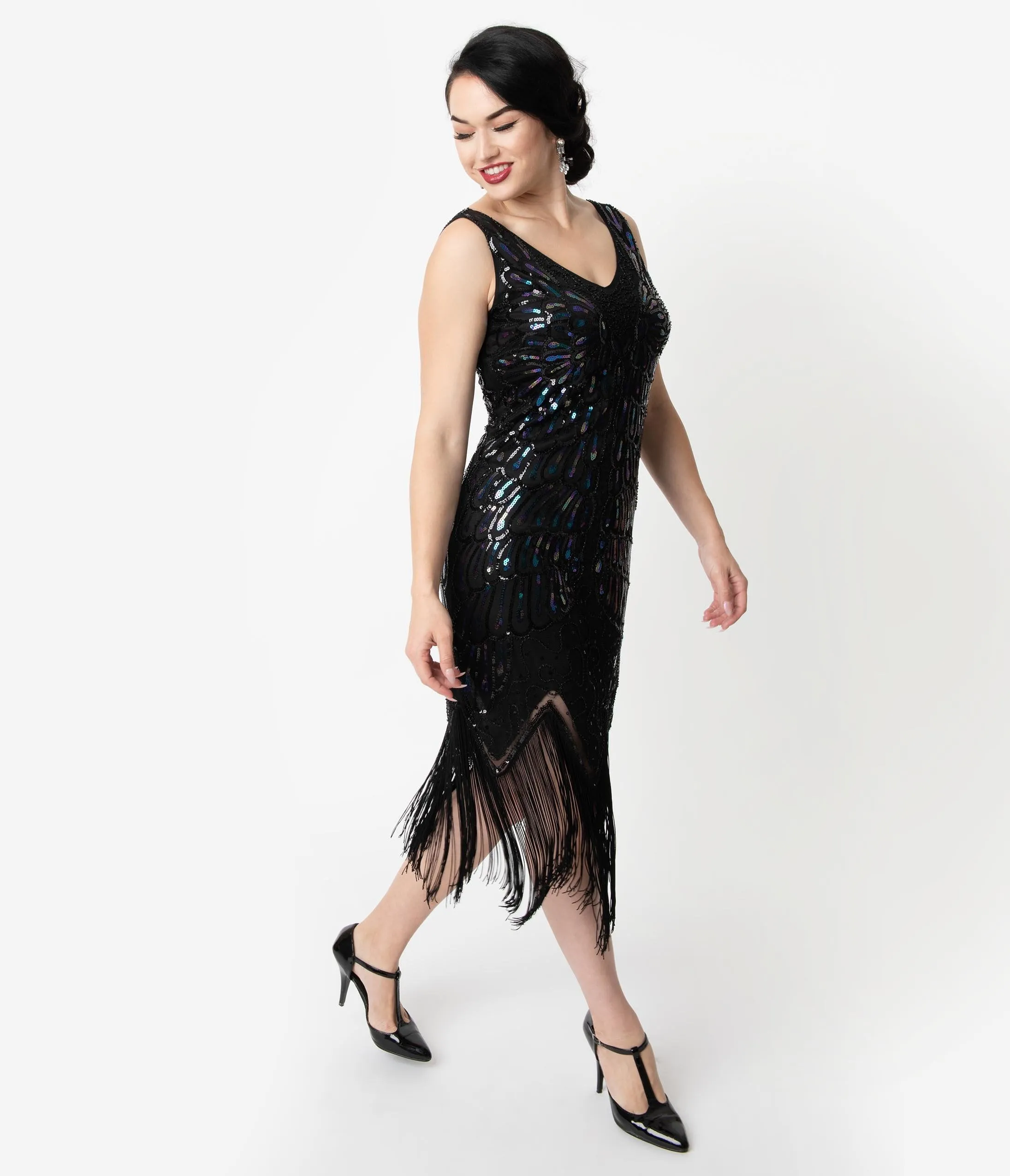 Unique Vintage Black Iridescent Sequin Sleeveless Marion Flapper Dress