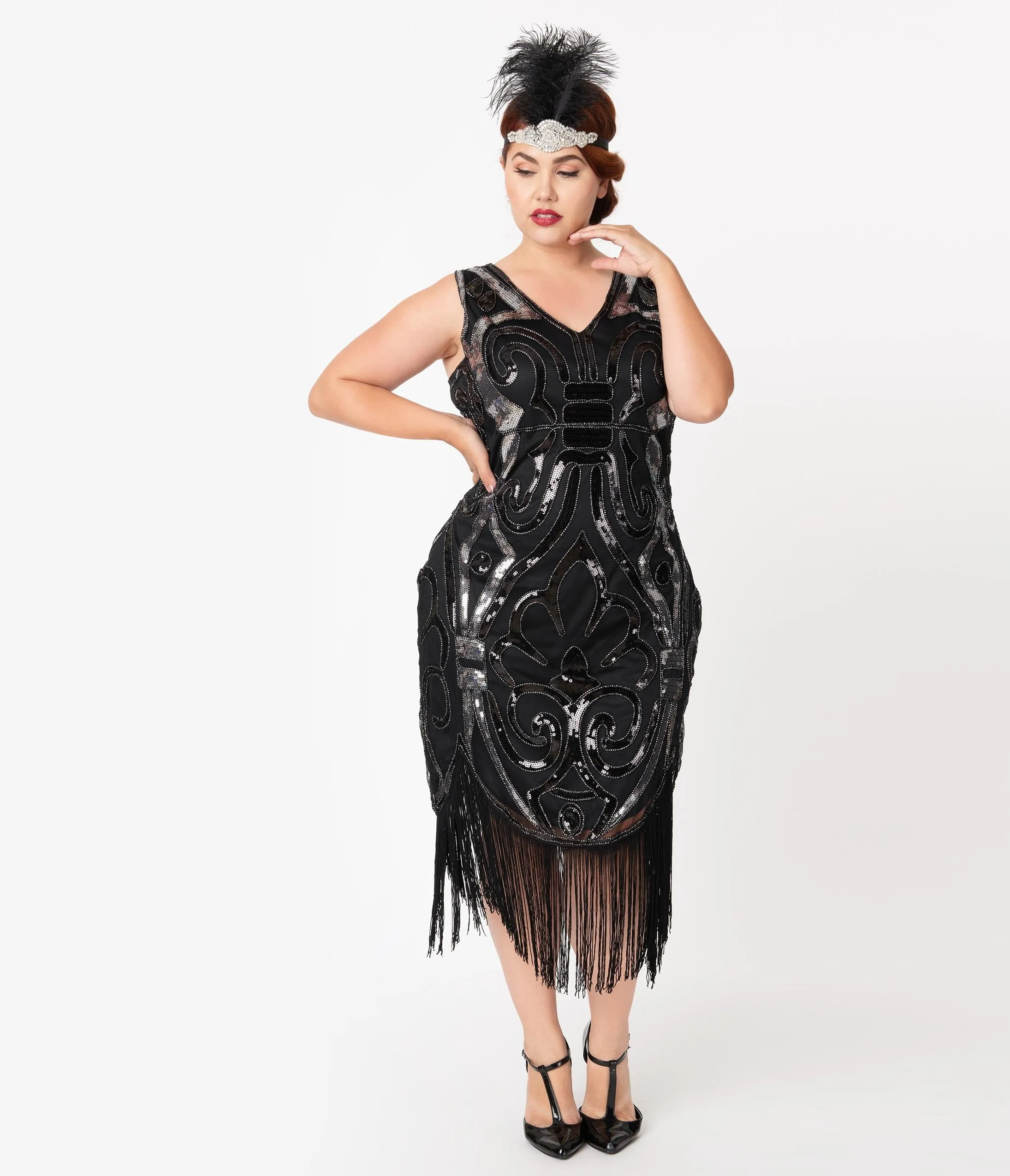 Unique Vintage Plus Size 1920s Black & Silver Beaded Josseline Fringe Cocktail Dress