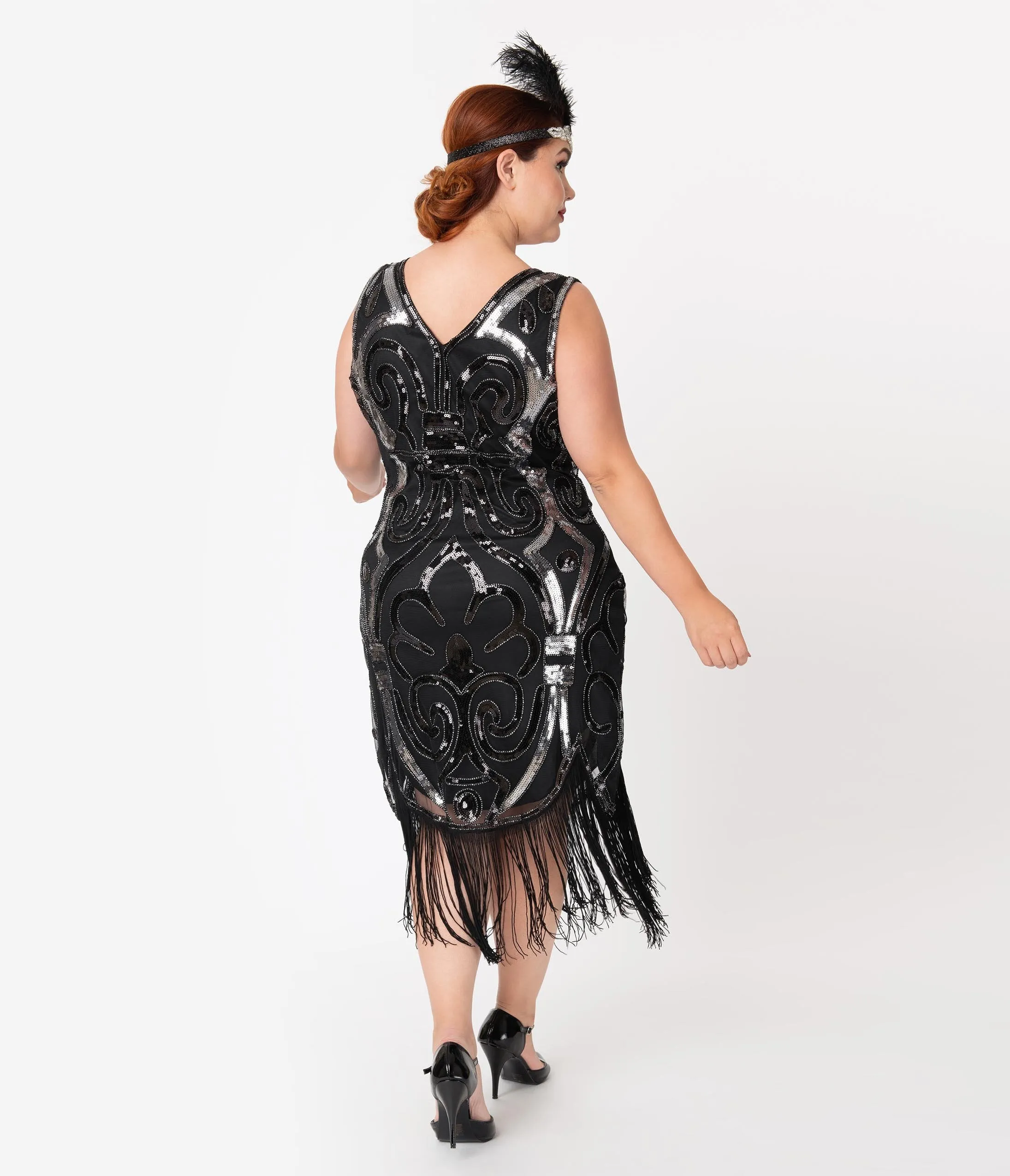 Unique Vintage Plus Size 1920s Black & Silver Beaded Josseline Fringe Cocktail Dress