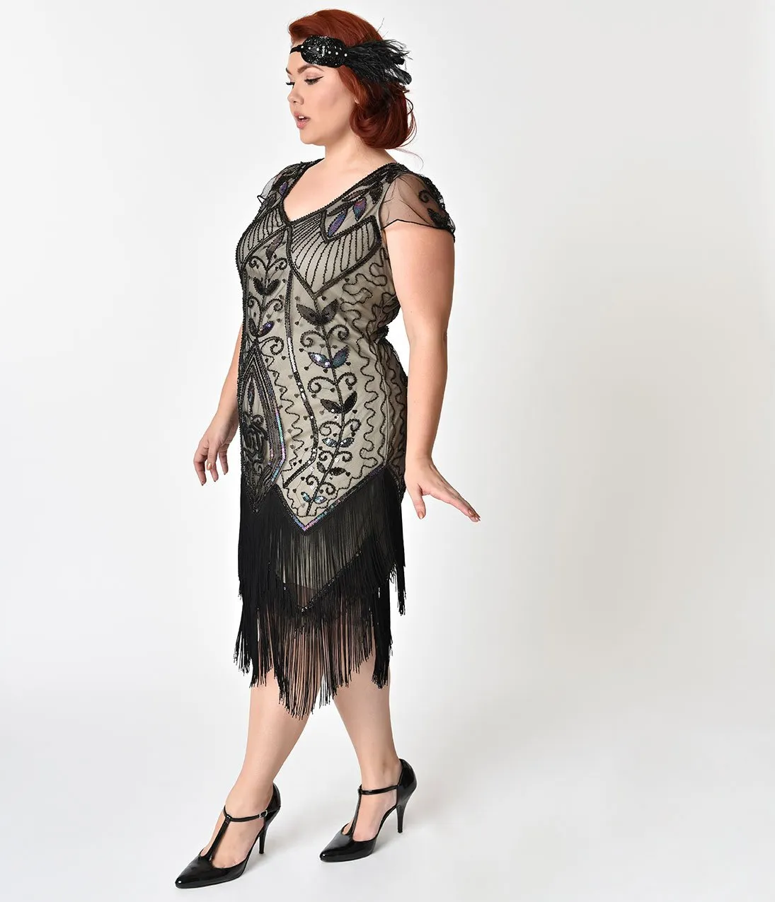 Unique Vintage Plus Size 1920s Black Rose & Champagne Noele Fringe Flapper Dress