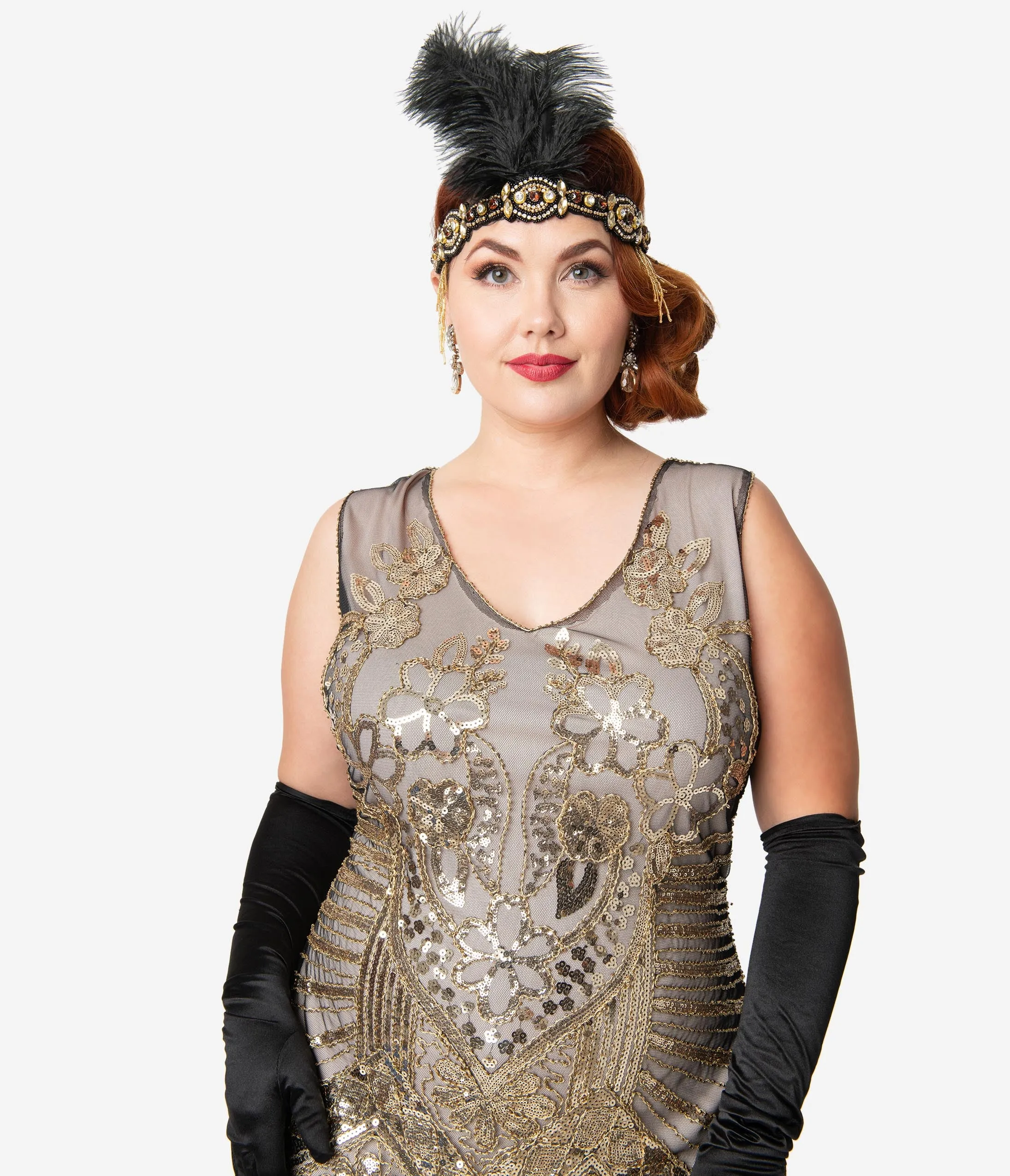 Unique Vintage Plus Size 1920s Champagne Gold Beaded & Fringe Charvelle Flapper Dress