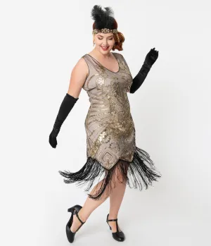 Unique Vintage Plus Size 1920s Champagne Gold Beaded & Fringe Charvelle Flapper Dress