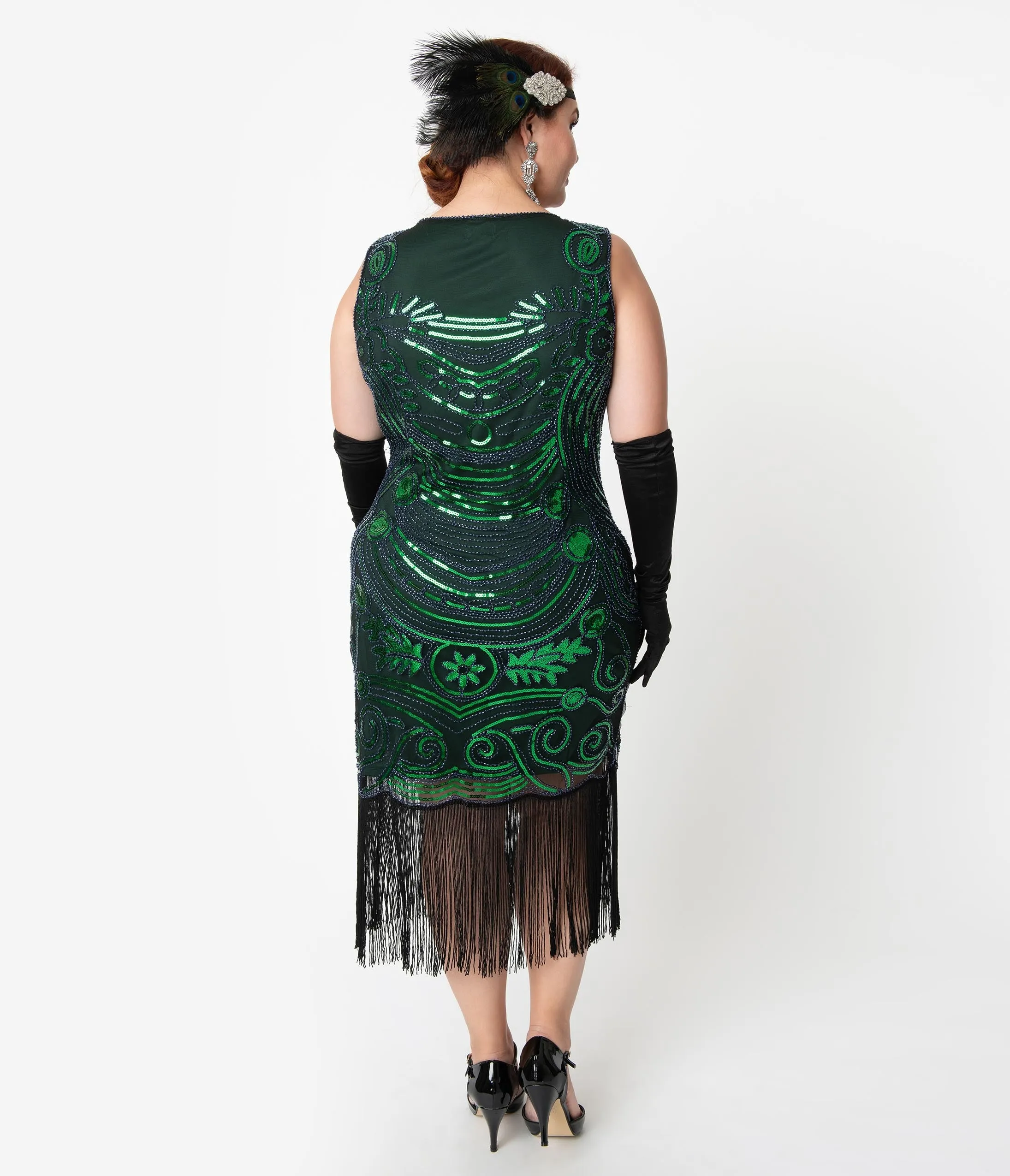 Unique Vintage Plus Size 1920s Green & Blue Beaded Yvette Fringe Cocktail Dress