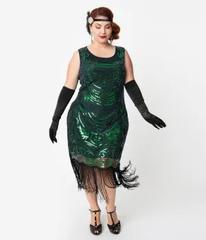 Unique Vintage Plus Size 1920s Green & Blue Beaded Yvette Fringe Cocktail Dress