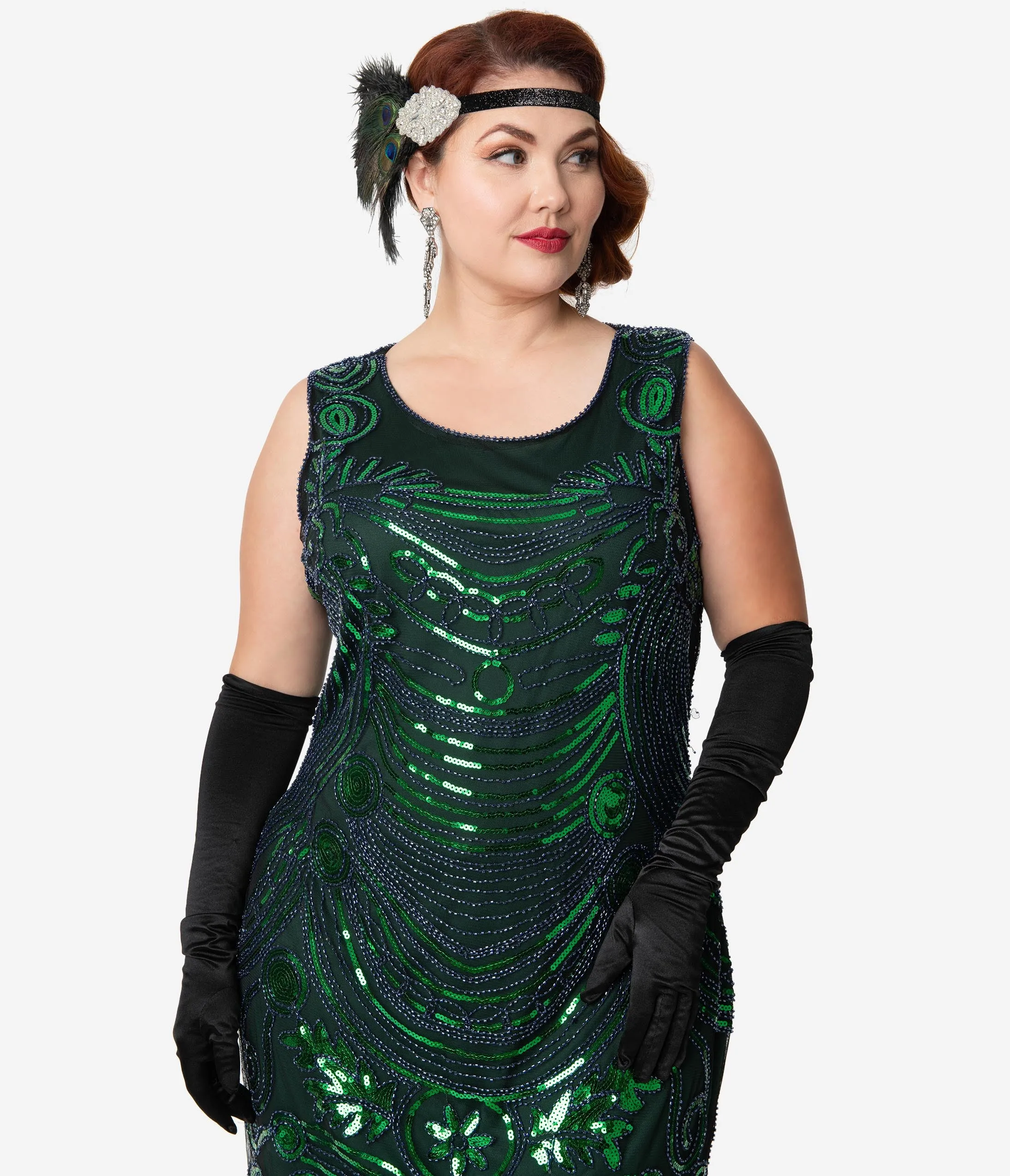 Unique Vintage Plus Size 1920s Green & Blue Beaded Yvette Fringe Cocktail Dress