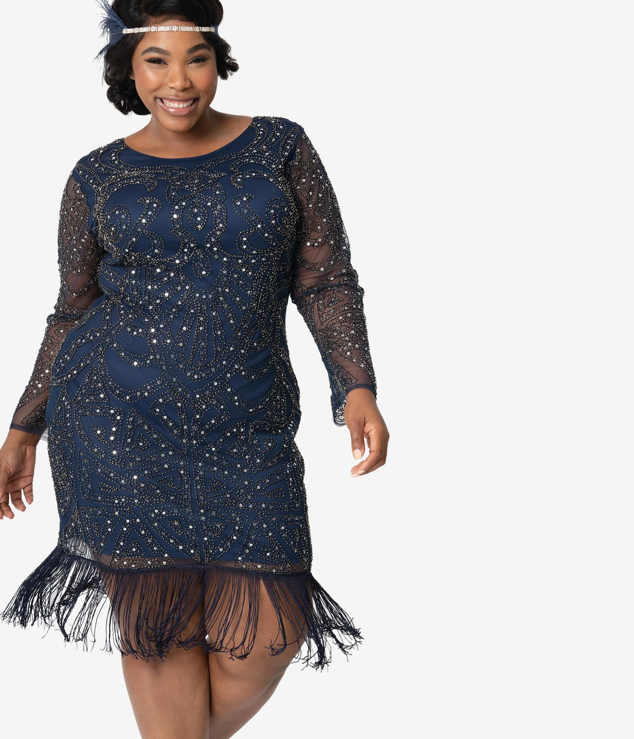 Unique Vintage Plus Size 1920s Navy & Silver Sequin Long Sleeve Fringe Marchelle Cocktail Dress