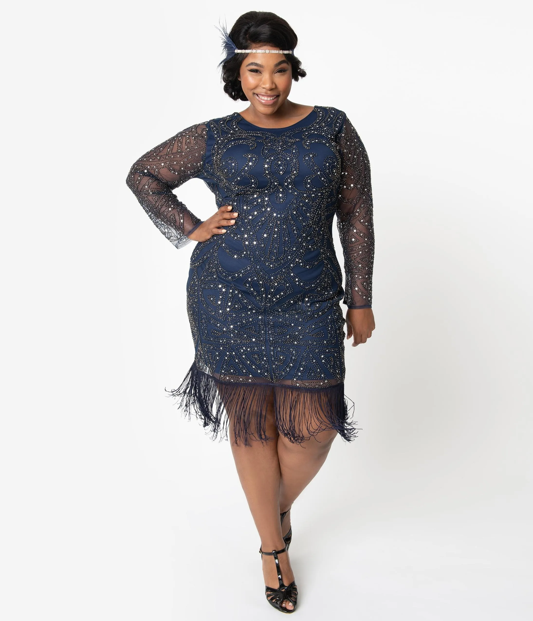 Unique Vintage Plus Size 1920s Navy & Silver Sequin Long Sleeve Fringe Marchelle Cocktail Dress