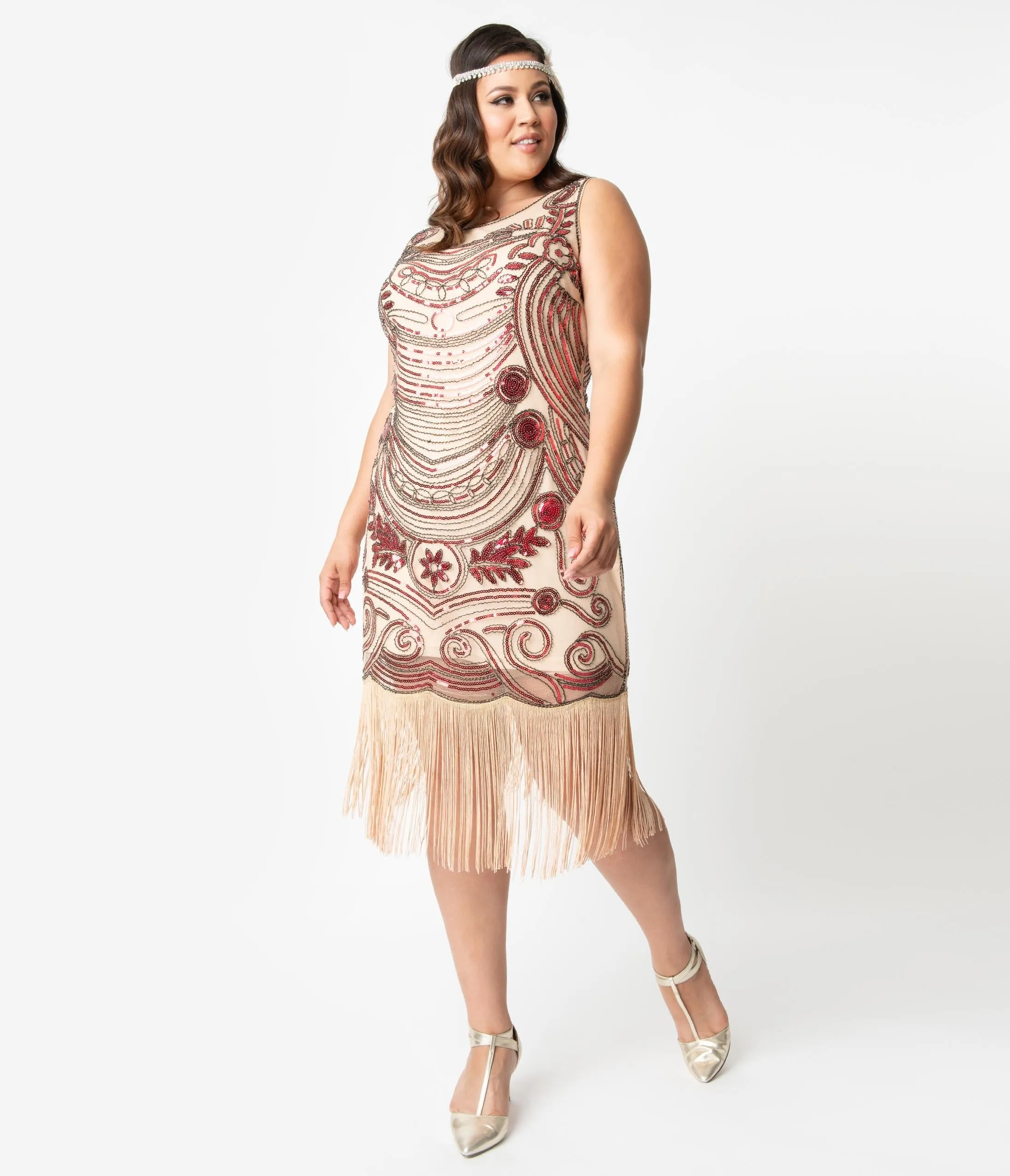 Unique Vintage Plus Size 1920s Pink Beaded Yvette Fringe Cocktail Dress