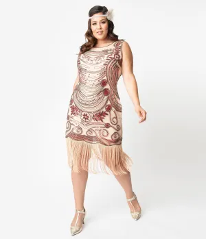 Unique Vintage Plus Size 1920s Pink Beaded Yvette Fringe Cocktail Dress