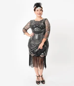 Unique Vintage Plus Size Black & Silver Sequin Sleeved Therese Flapper Dress