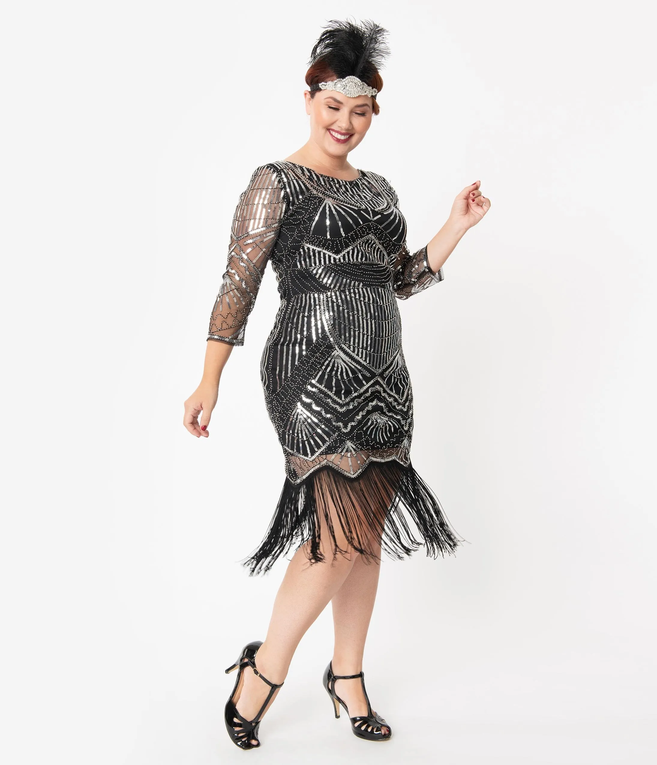 Unique Vintage Plus Size Black & Silver Sequin Sleeved Therese Flapper Dress