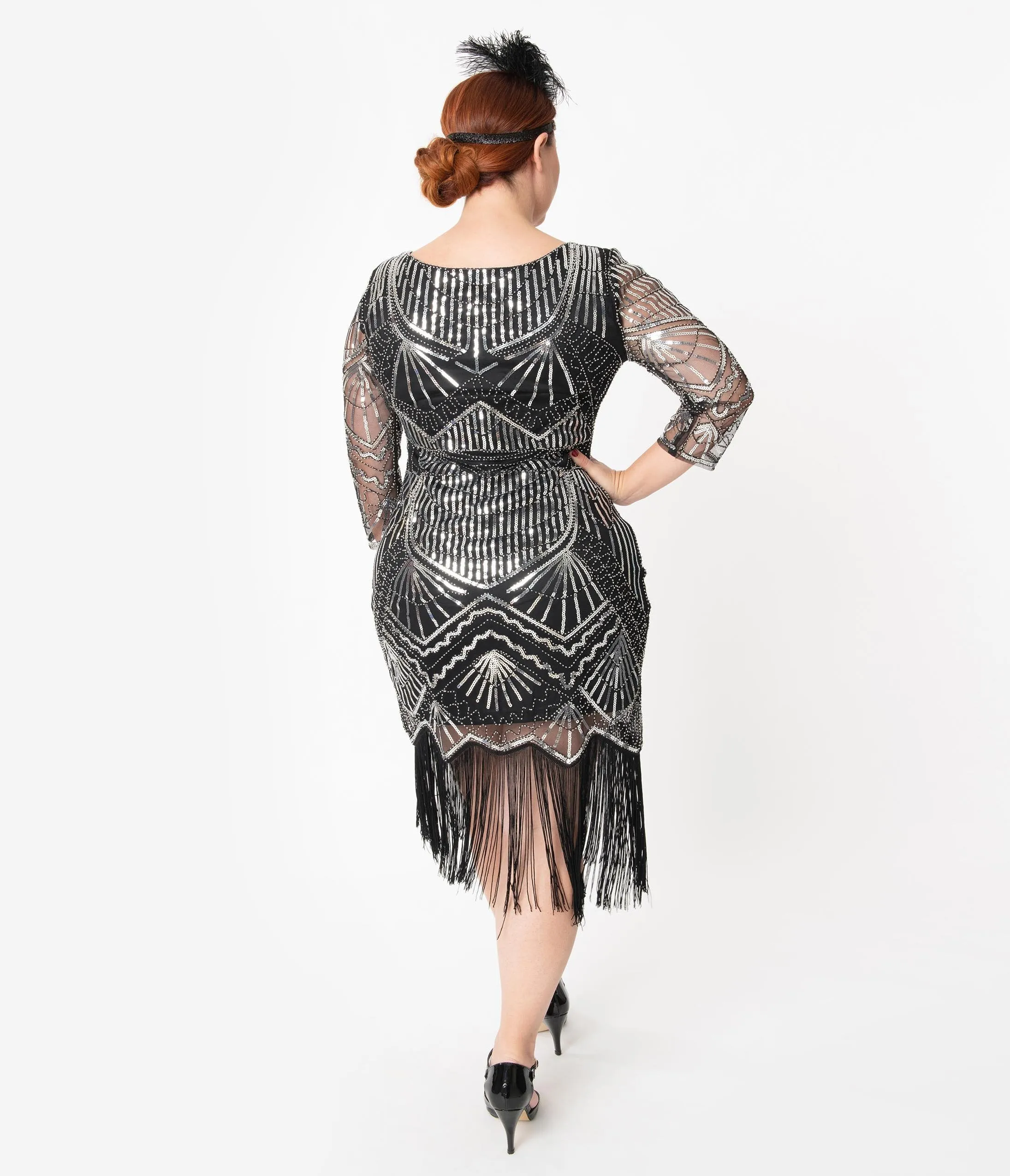 Unique Vintage Plus Size Black & Silver Sequin Sleeved Therese Flapper Dress