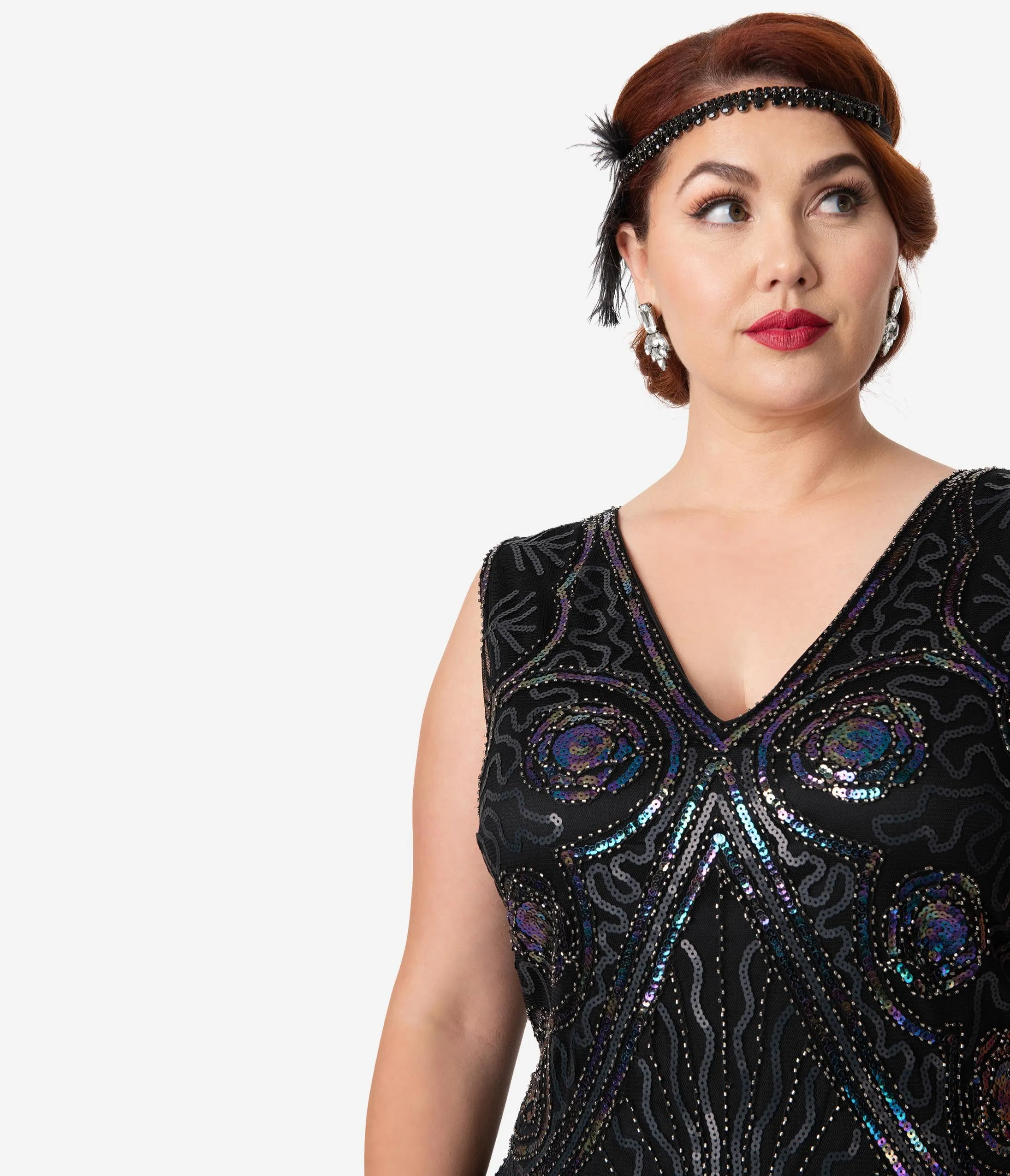 Unique Vintage Plus Size Black Iridescent Beaded Zelia Fringe Flapper Dress