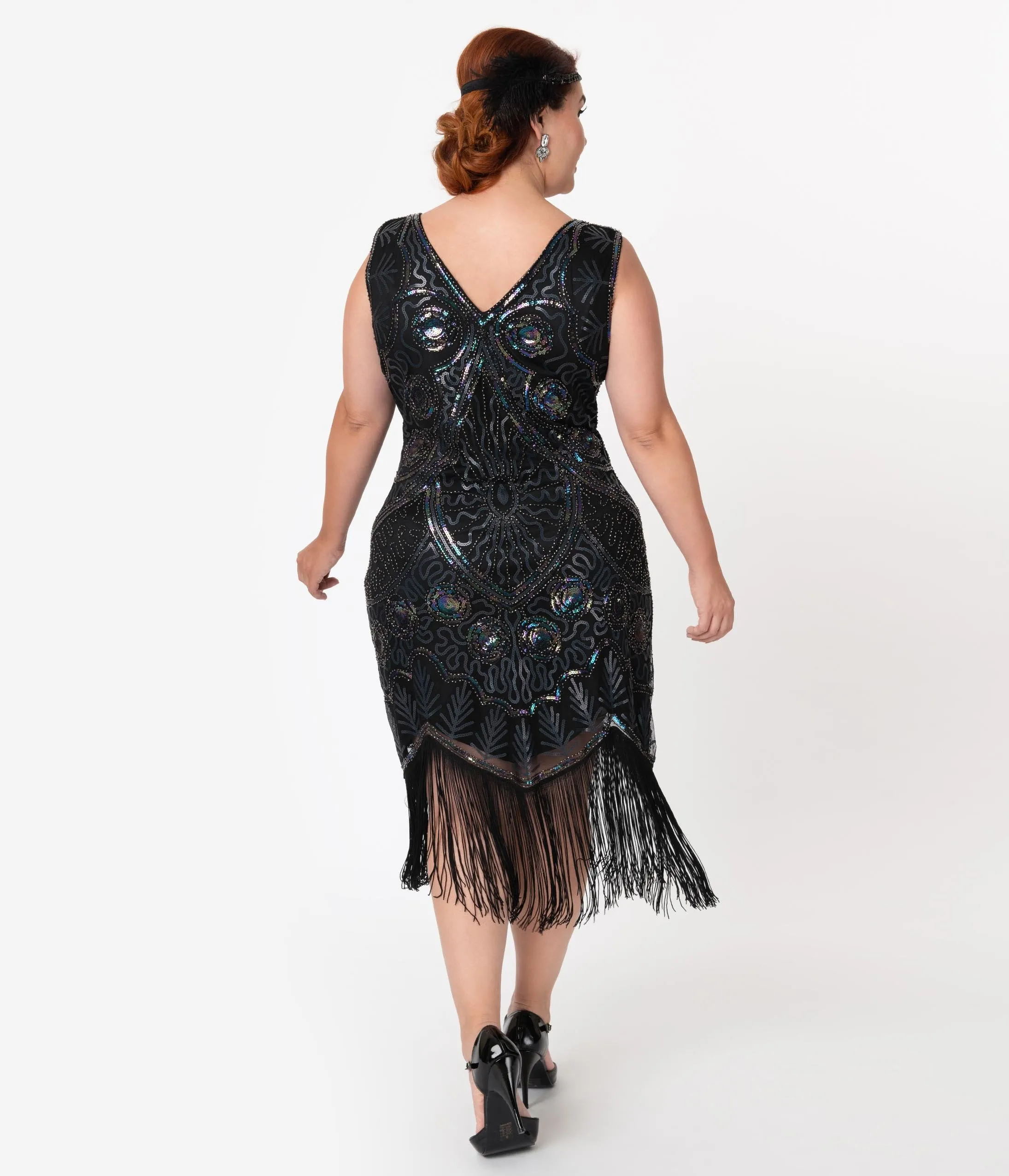 Unique Vintage Plus Size Black Iridescent Beaded Zelia Fringe Flapper Dress