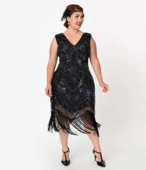 Unique Vintage Plus Size Black Iridescent Beaded Zelia Fringe Flapper Dress