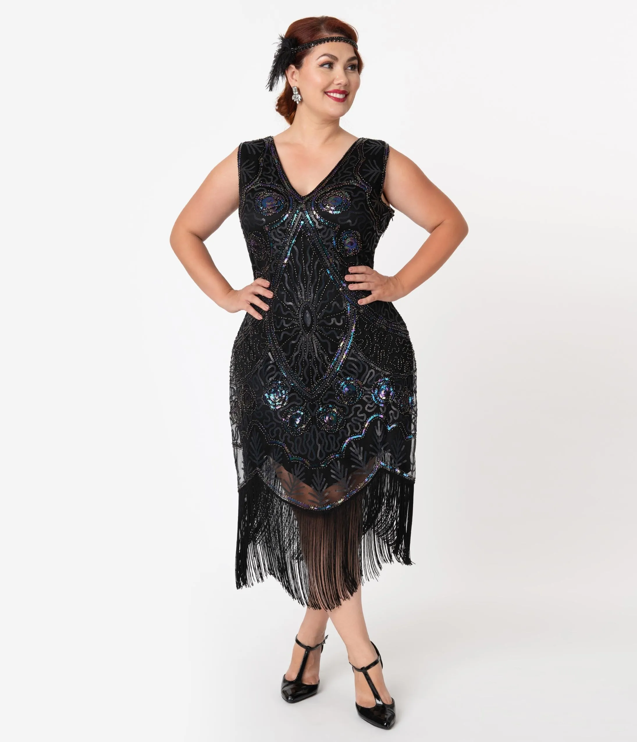 Unique Vintage Plus Size Black Iridescent Beaded Zelia Fringe Flapper Dress