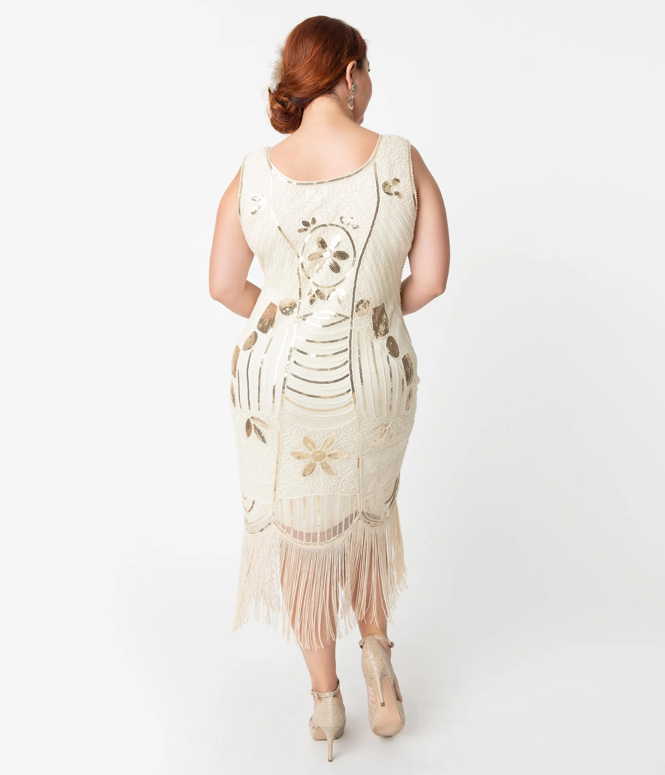 Unique Vintage Plus Size Cream & Gold Sequin Fringe Cremieux Flapper Dress