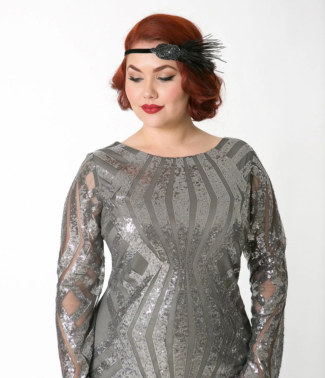 Unique Vintage Plus Size Silver Pewter Sequin Sleeved Jocelyne Flapper Dress