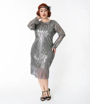 Unique Vintage Plus Size Silver Pewter Sequin Sleeved Jocelyne Flapper Dress