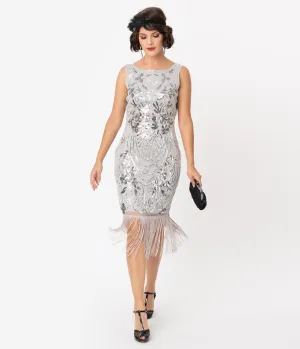 Unique Vintage Silver Sequin Alix Fringe Flapper Dress