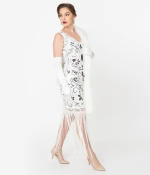 Unique Vintage White & Silver Sequin St. Michel Fringe Flapper Dress