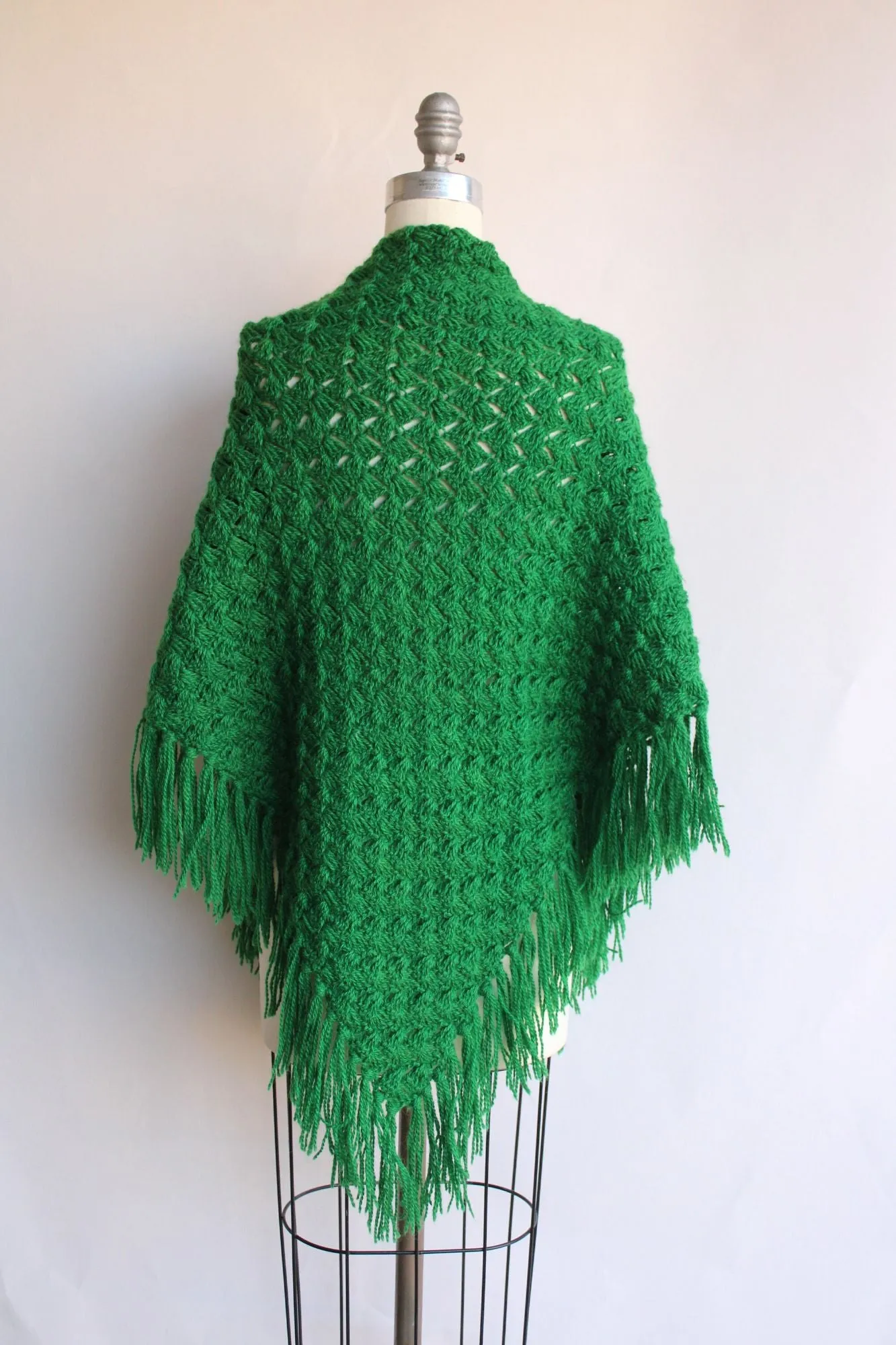 Vintage 1960s 1970s Green Knit with Fringe Shawl