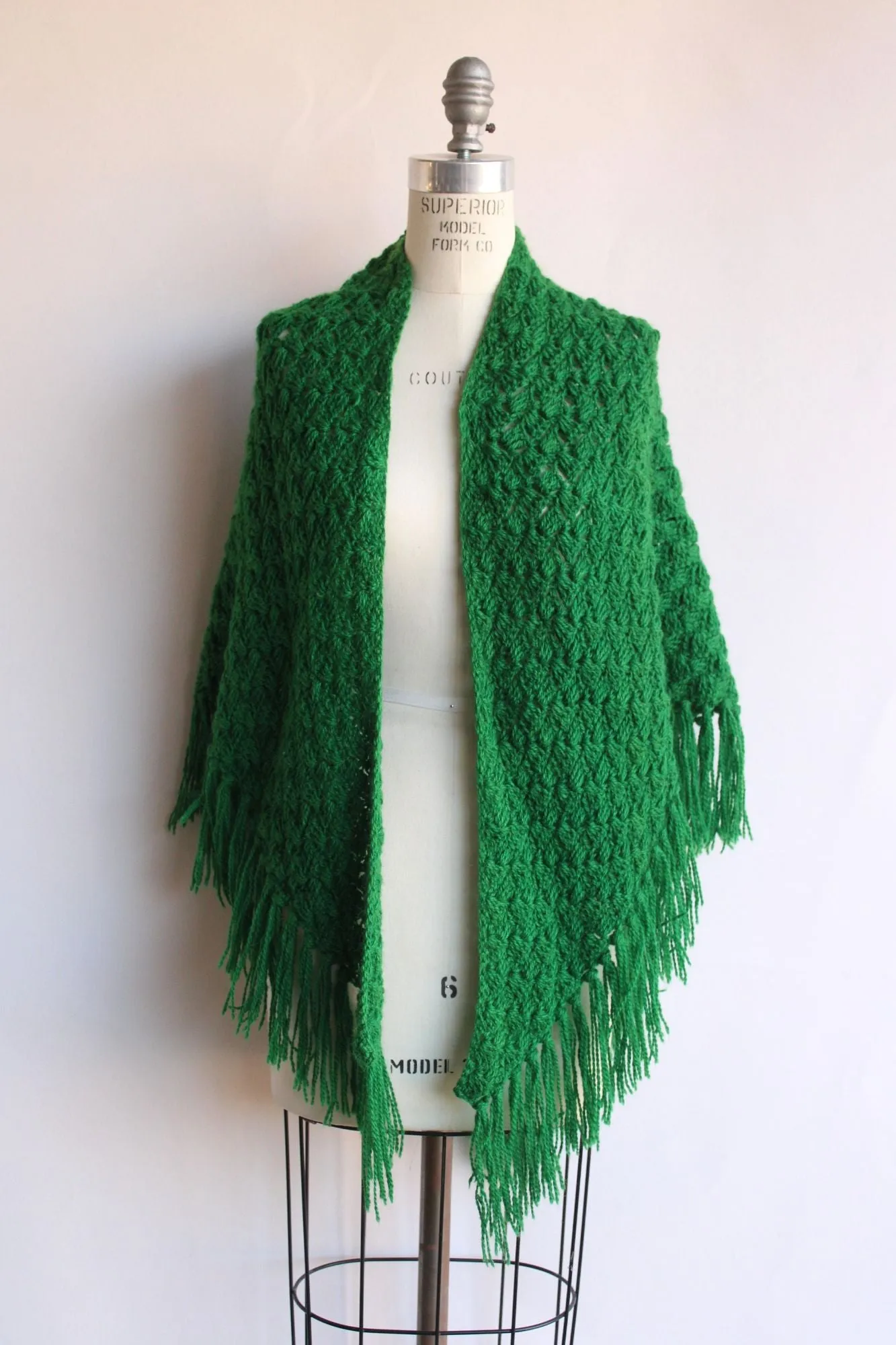 Vintage 1960s 1970s Green Knit with Fringe Shawl