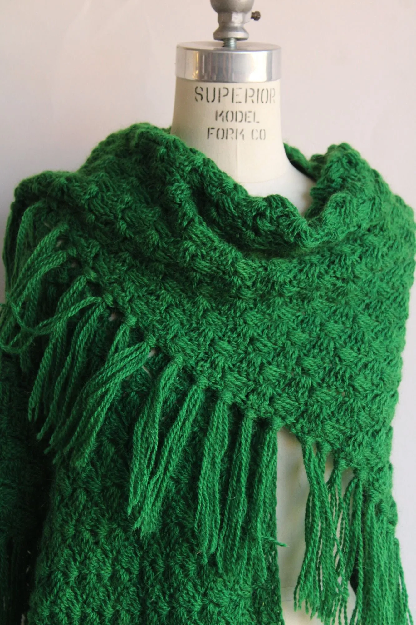 Vintage 1960s 1970s Green Knit with Fringe Shawl