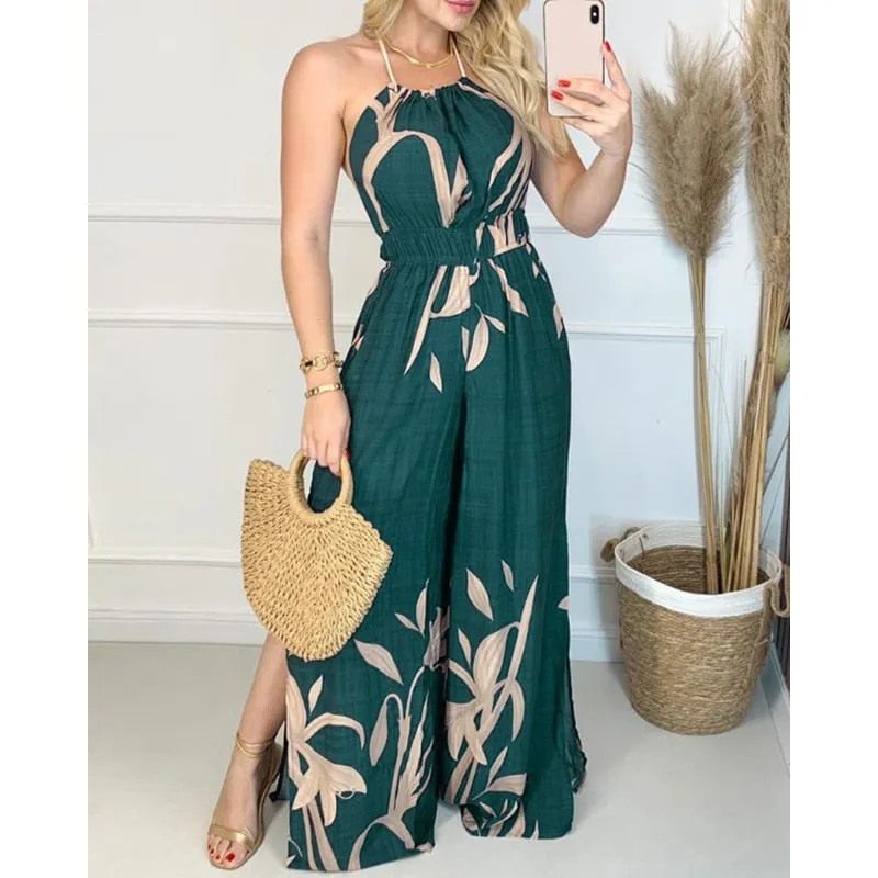 Wenkouban  2022 Summer Fashion Print Jumpsuits Women Green Y2K Split Fork Sexy Sleeveless Spaghetti Strap Beach Party