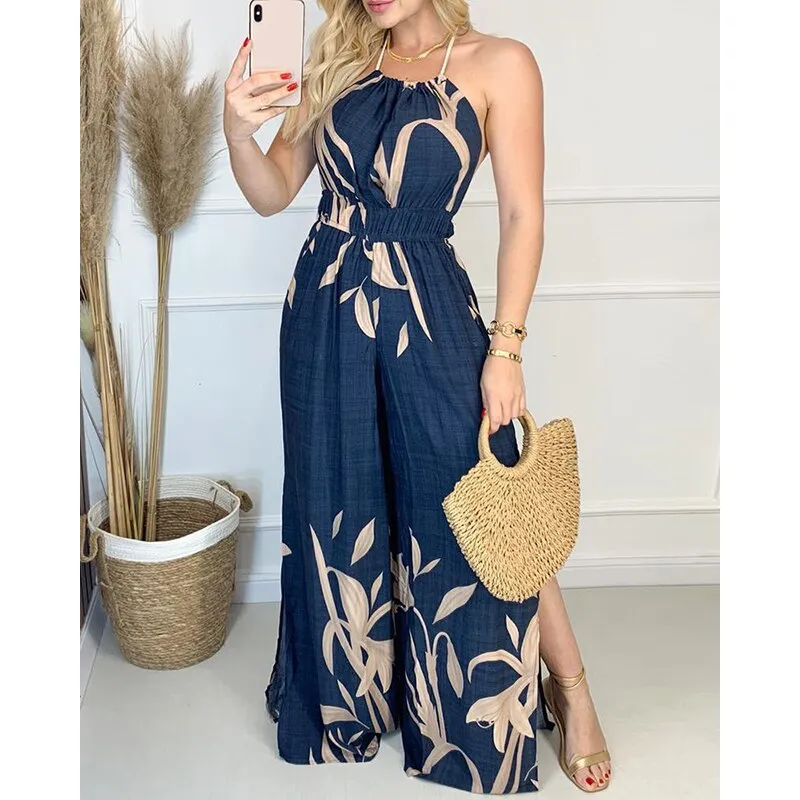 Wenkouban  2022 Summer Fashion Print Jumpsuits Women Green Y2K Split Fork Sexy Sleeveless Spaghetti Strap Beach Party