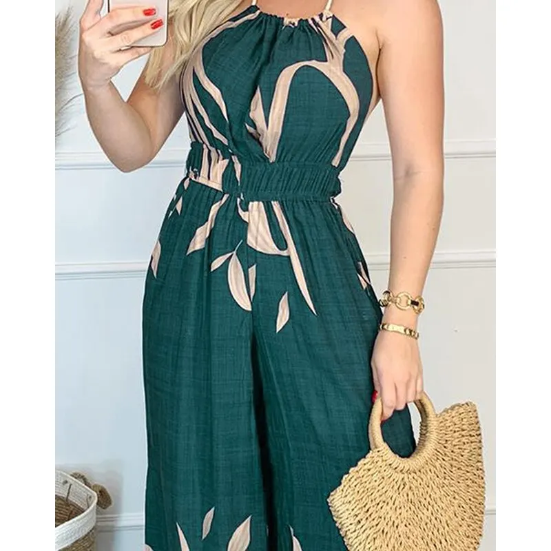 Wenkouban  2022 Summer Fashion Print Jumpsuits Women Green Y2K Split Fork Sexy Sleeveless Spaghetti Strap Beach Party