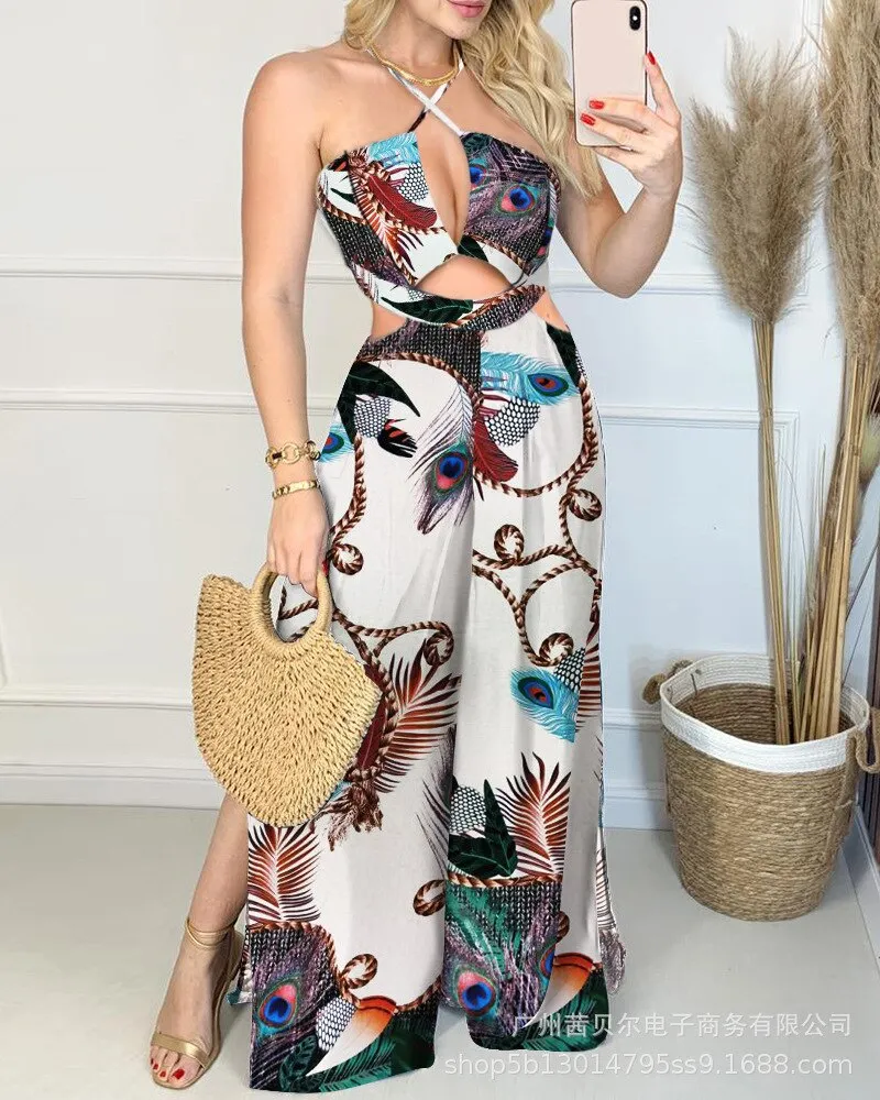 Wenkouban  2022 Summer Fashion Print Jumpsuits Women Green Y2K Split Fork Sexy Sleeveless Spaghetti Strap Beach Party