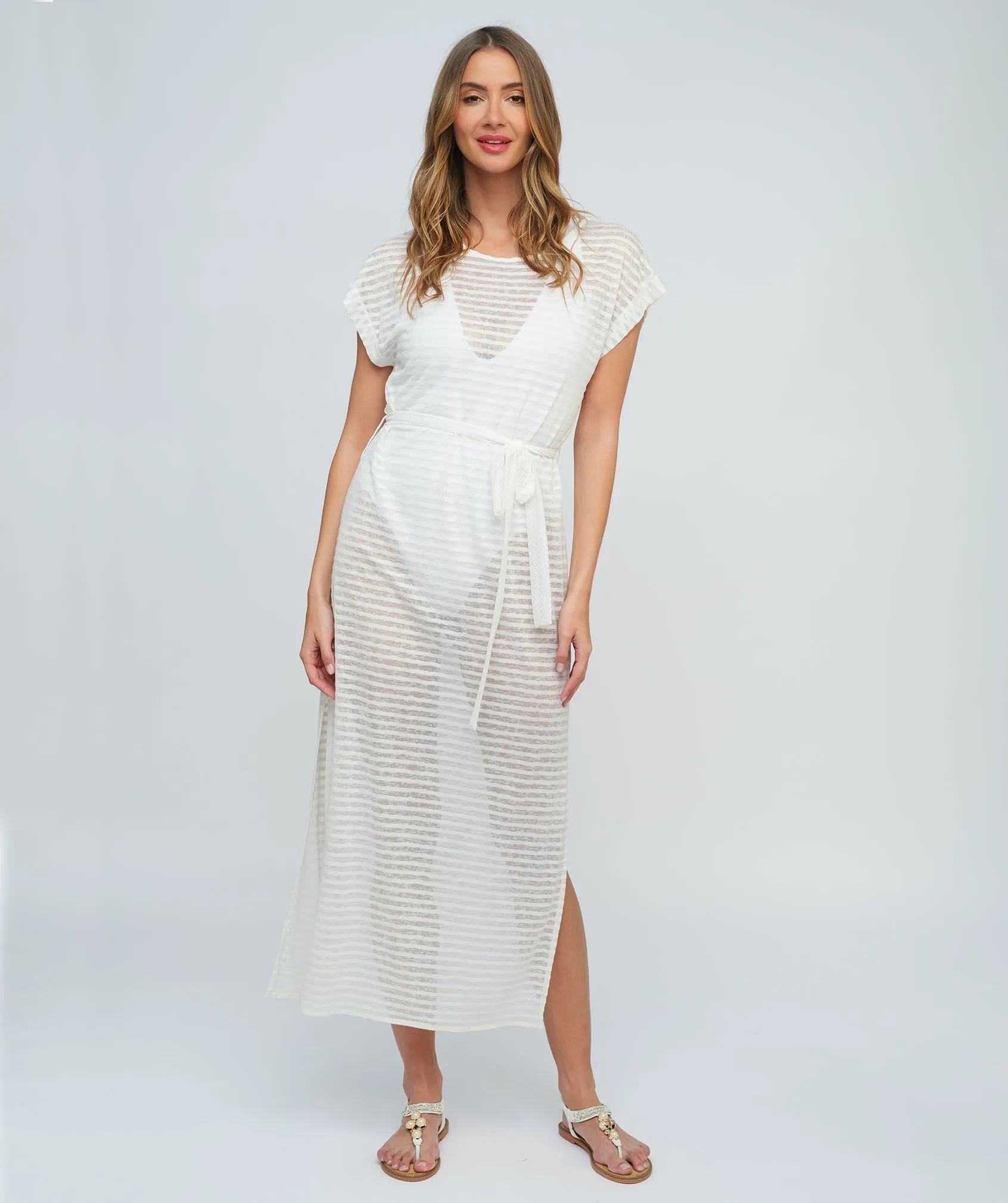 White Stripe Maxi Dress with Side Slits and Waist Tie