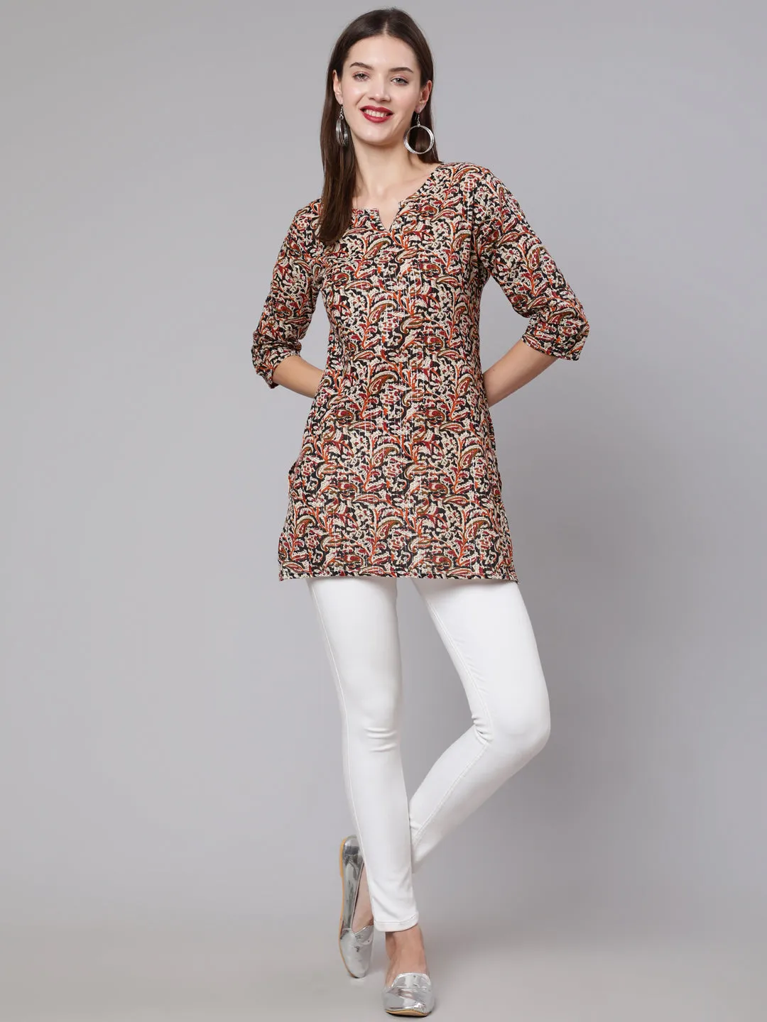 Women Multi Ethnic Printed Straight Tunic With Three Quarter Sleeves