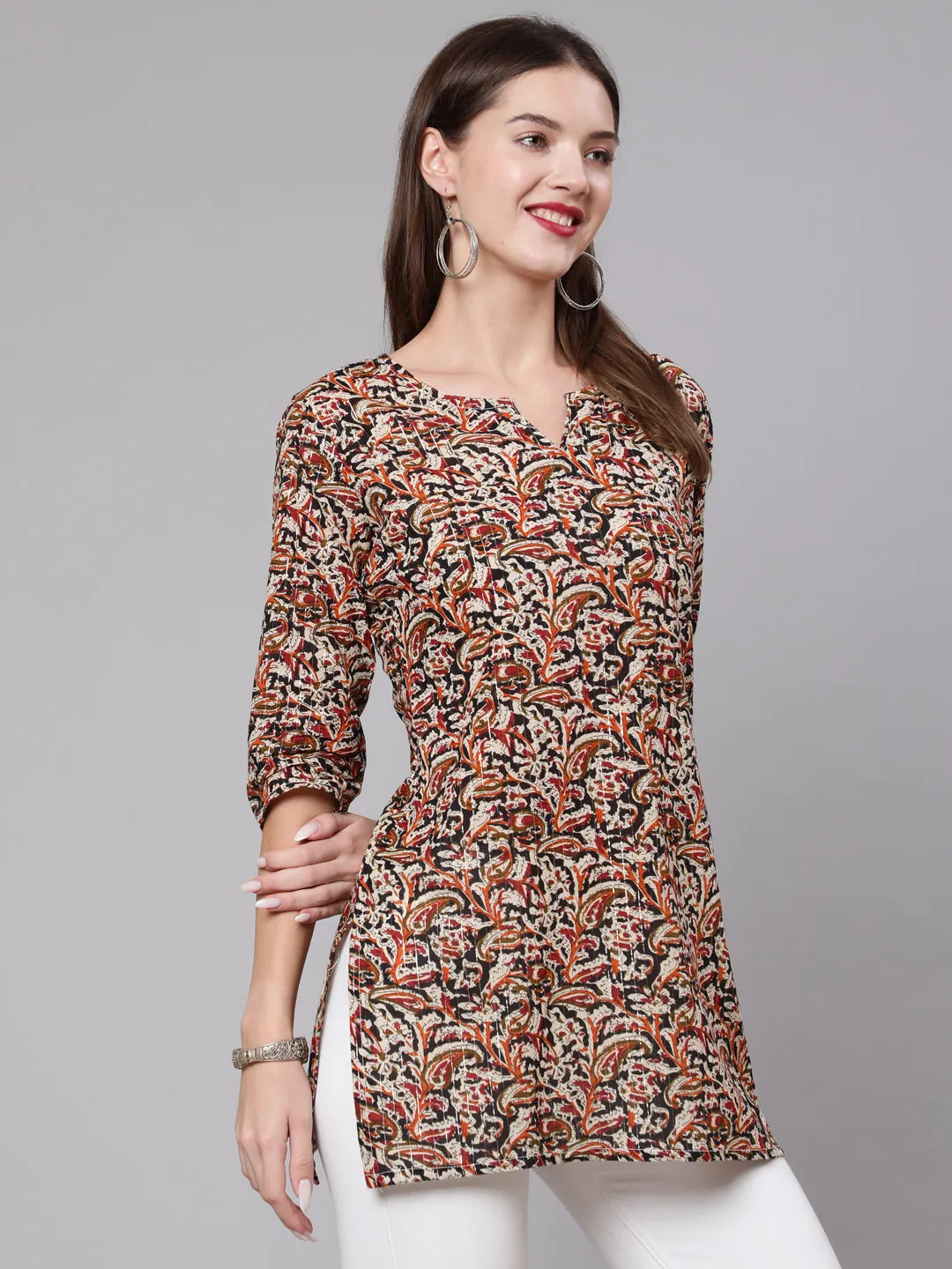 Women Multi Ethnic Printed Straight Tunic With Three Quarter Sleeves