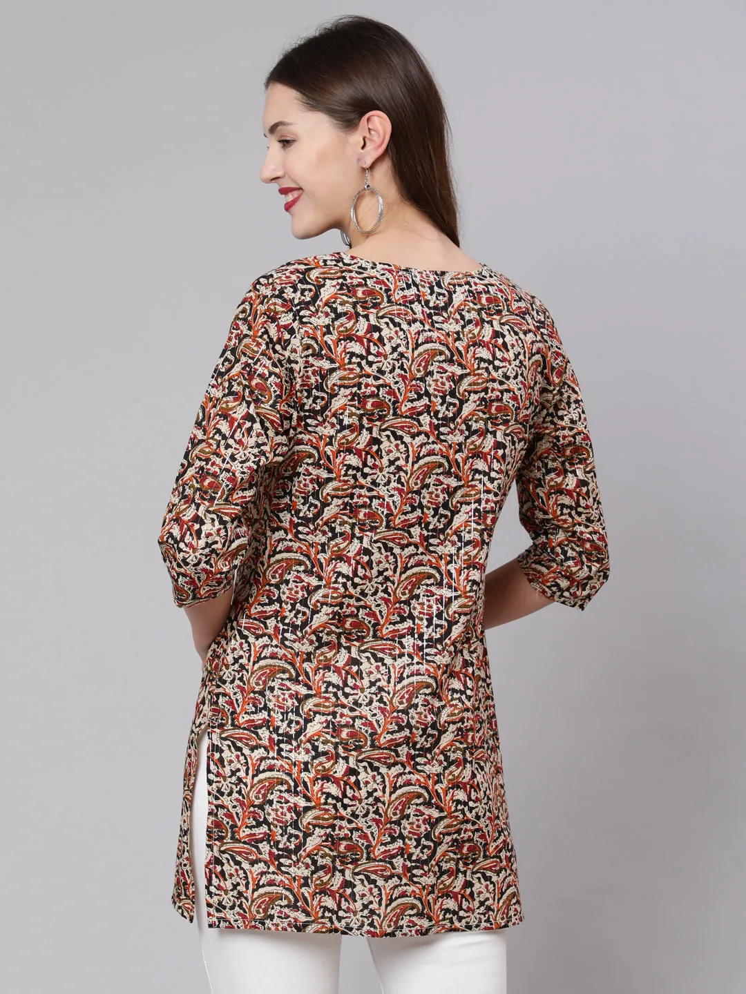 Women Multi Ethnic Printed Straight Tunic With Three Quarter Sleeves