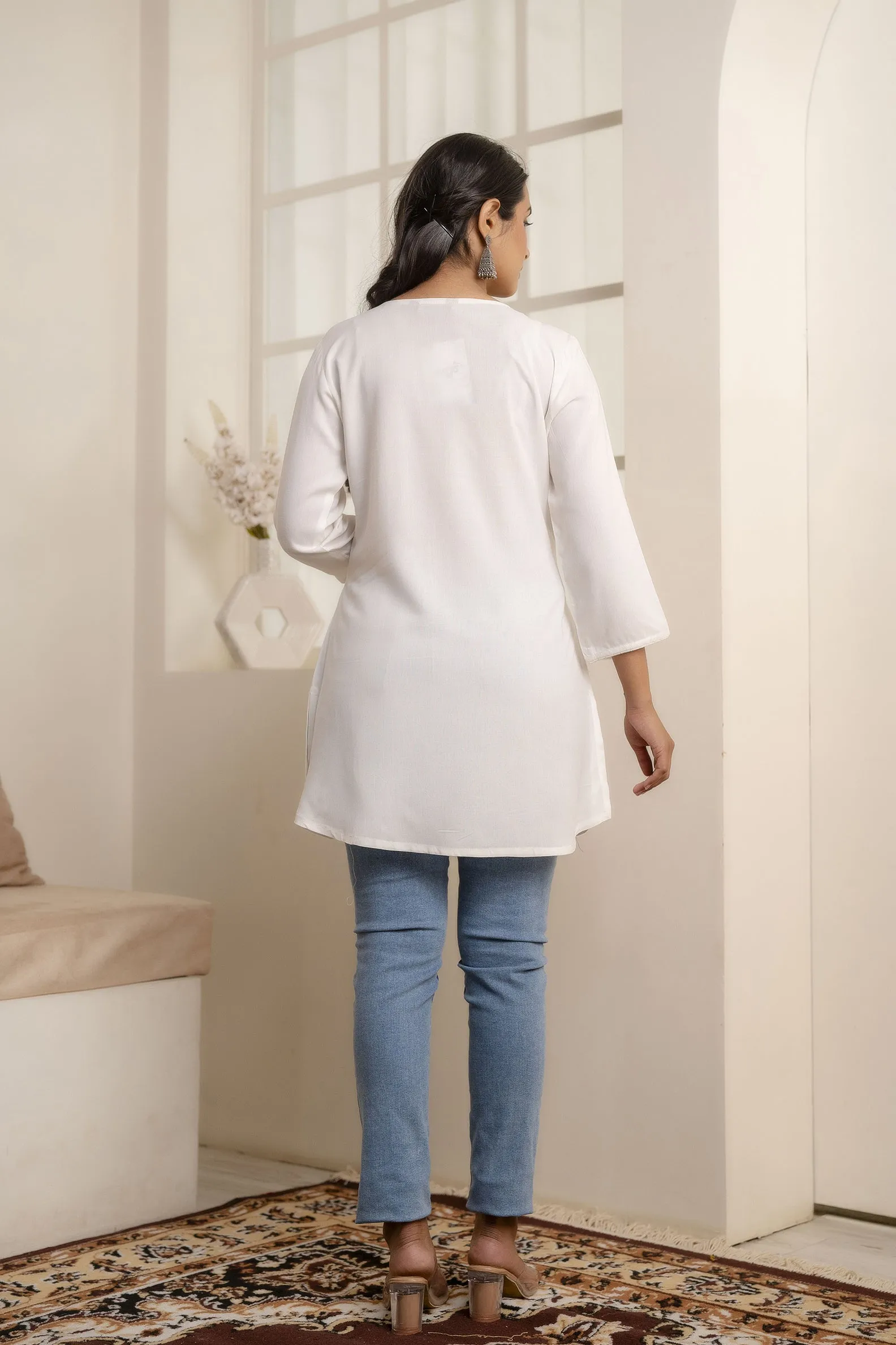 Women White Embroidered Yoke Straight Tunic With Three Quarter Sleeves