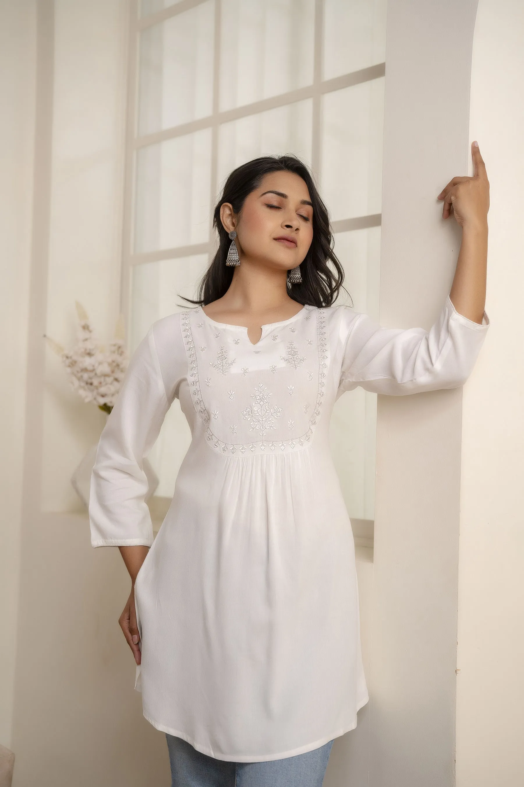 Women White Embroidered Yoke Straight Tunic With Three Quarter Sleeves